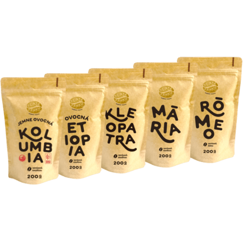 Zlaté Zrnko Káva Zlaté Zrnko – Spoznaj 5 káv na filtrovanú 1000g (Kolumbia, Etiópia, Kleopatra, Mária, Rómeo)