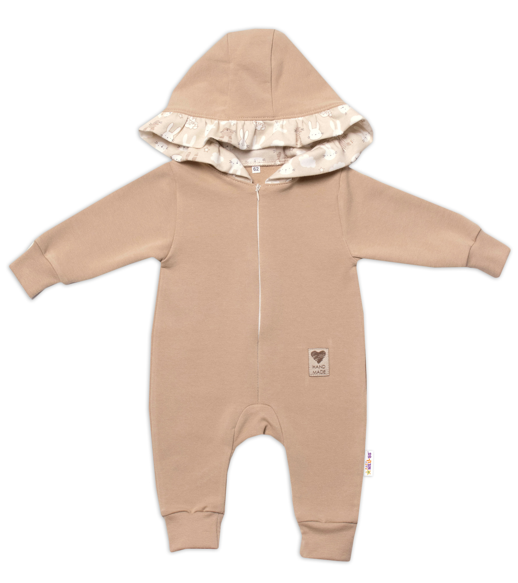 Baby Nellys Teplákový overal s kapucňou a volánikom, New Bunny - cappuccino, veľ. 74