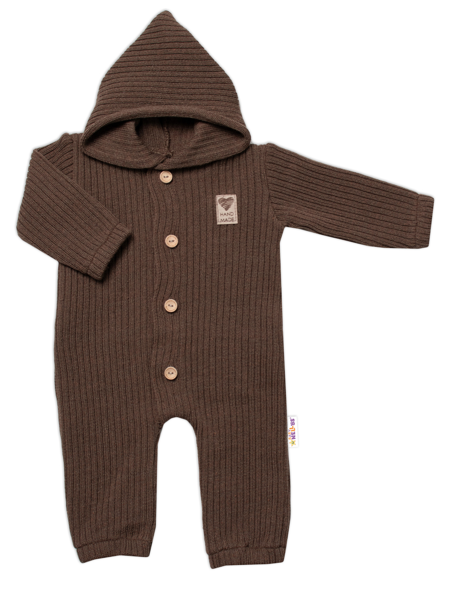Baby Nellys Baby Nellys Pletený overálok s kapucňou a gombíkmi Hand Made, hnedý, veľ. 68/74