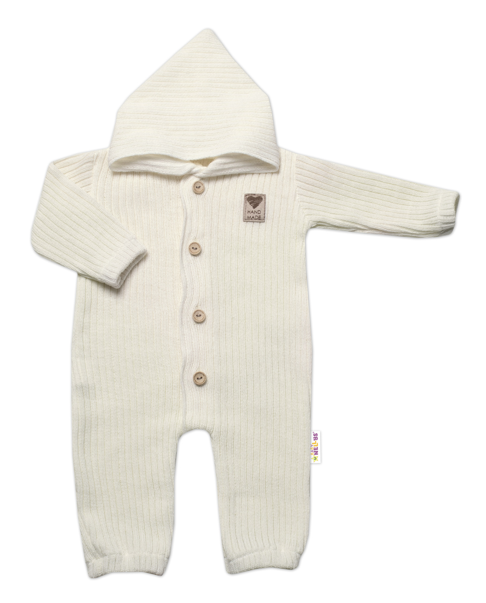 Baby Nellys Baby Nellys Pletený overálok s kapucňou a gombíkmi Hand Made, ecru, veľ. 68/74