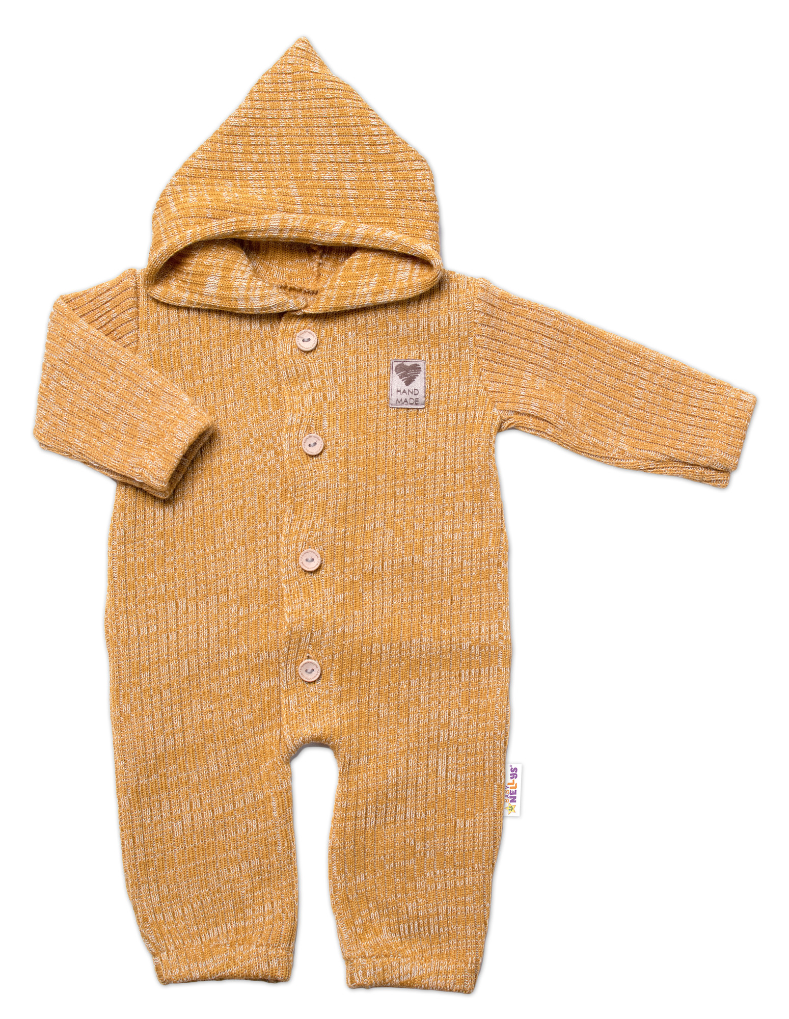 Baby Nellys Baby Nellys Pletený overálok s kapucňou a gombíkmi Hand Made, medový žihaný, veľ. 80/86