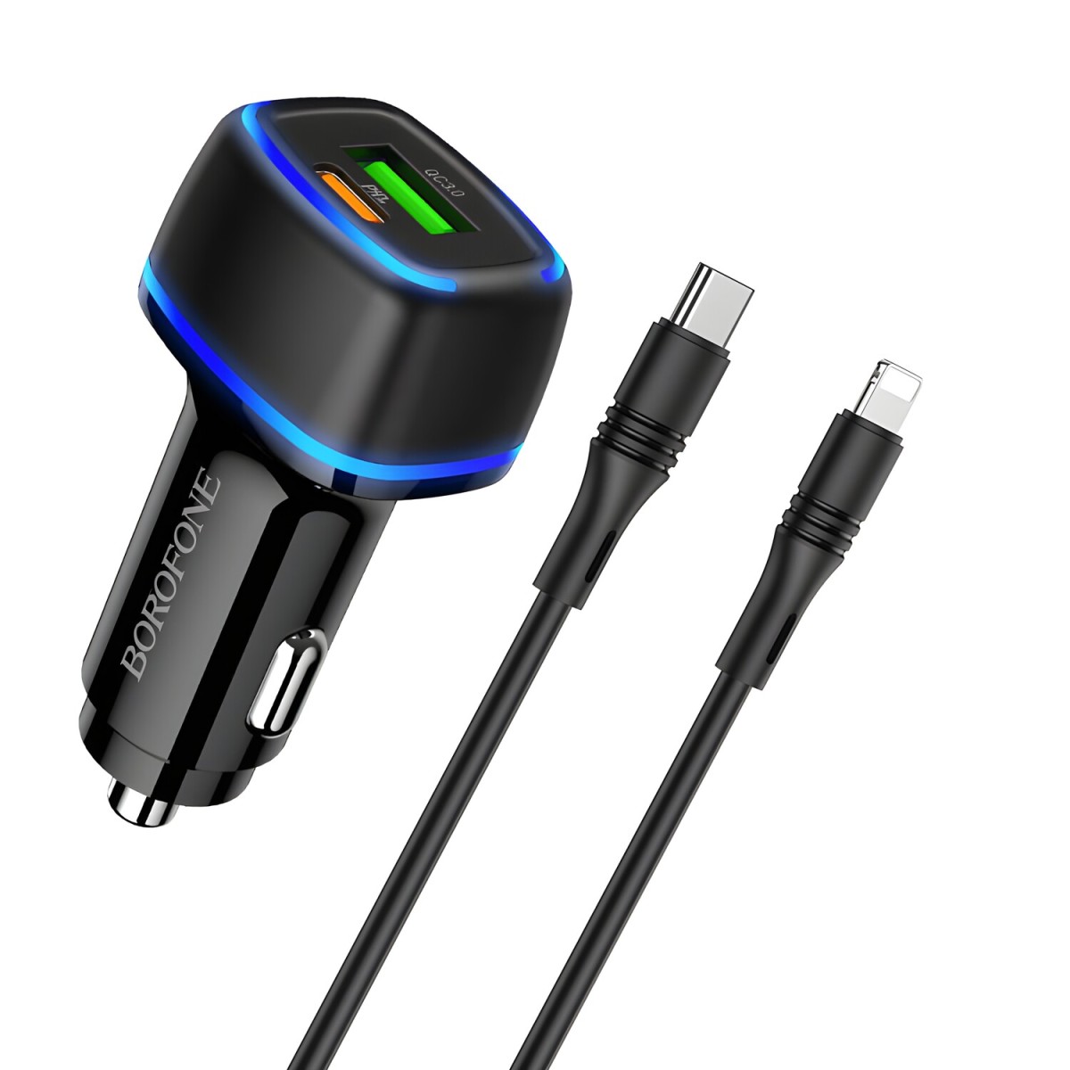 Borofone Nabíjačka do auta s káblami USB - USB-C, Lightning - Čierna H24022