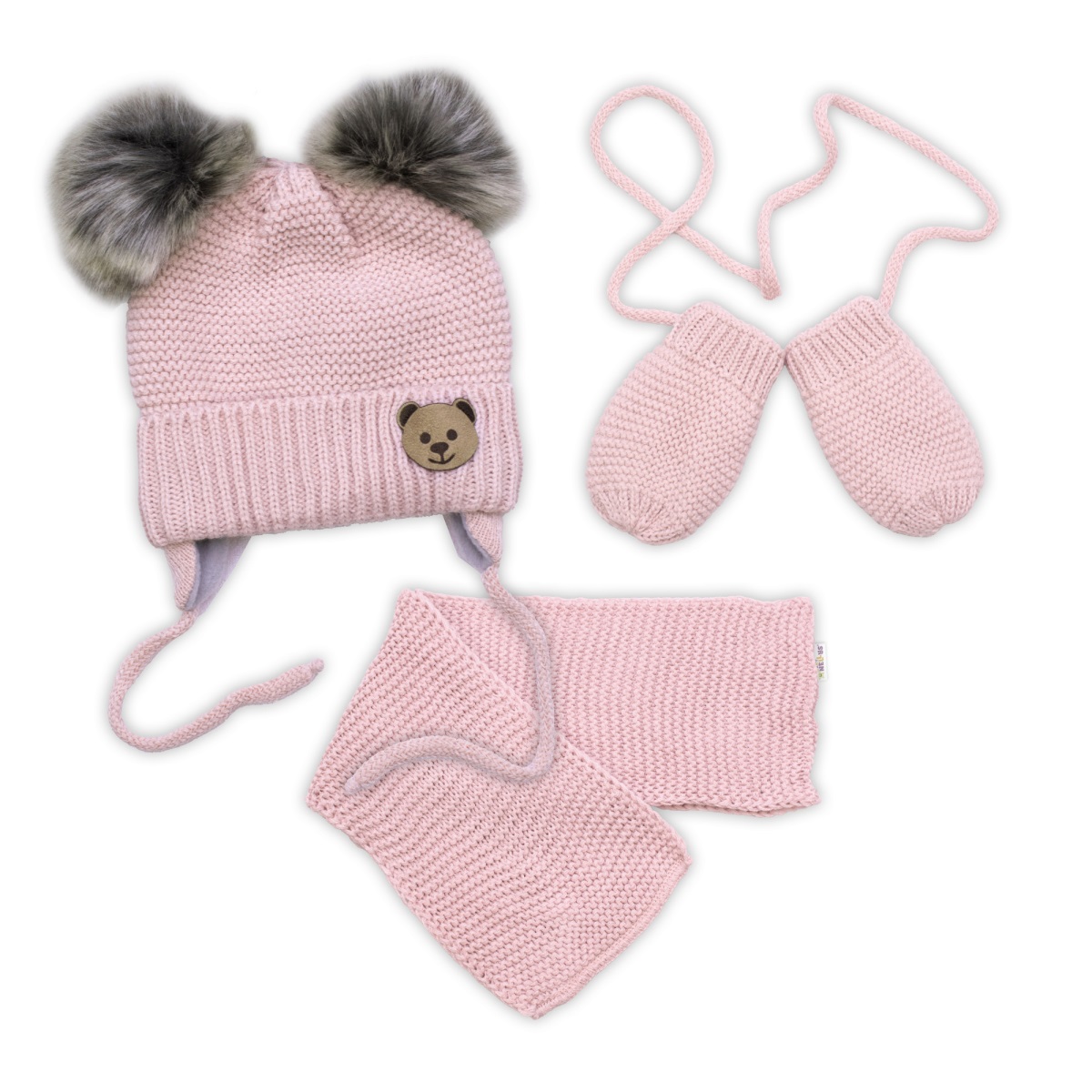 Baby Nellys Detská sada, zimná čiapka so šálom + rukavičky 3D, Teddy Bear - pudrovo ružová