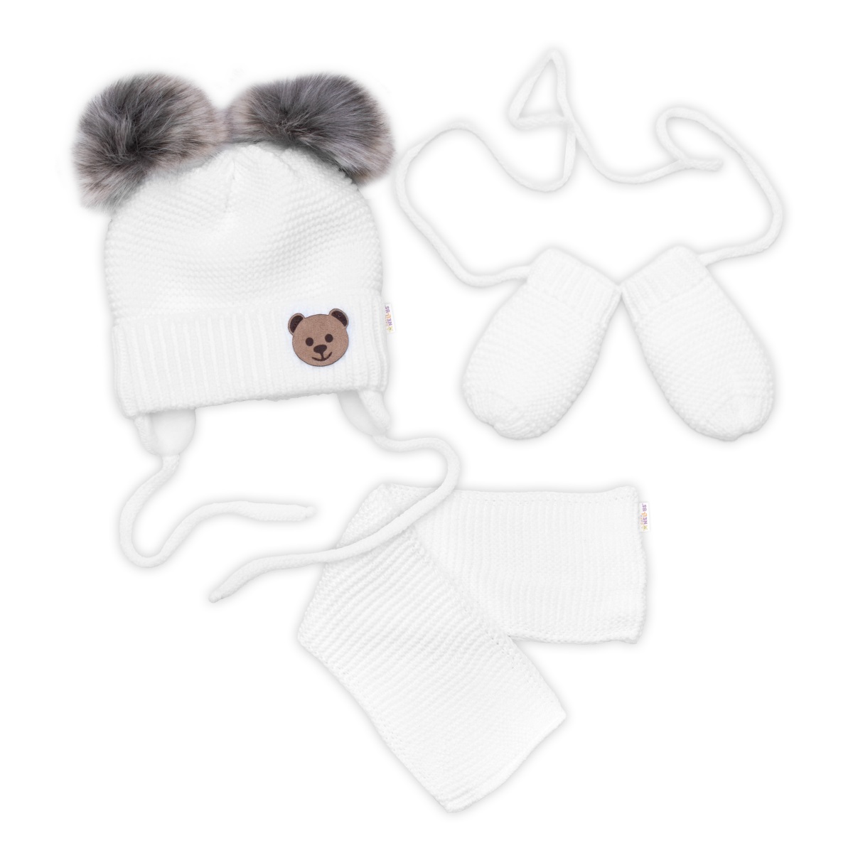 Baby Nellys Detská sada, zimná čiapka so šálom + rukavičky 3D, Teddy Bear - biela