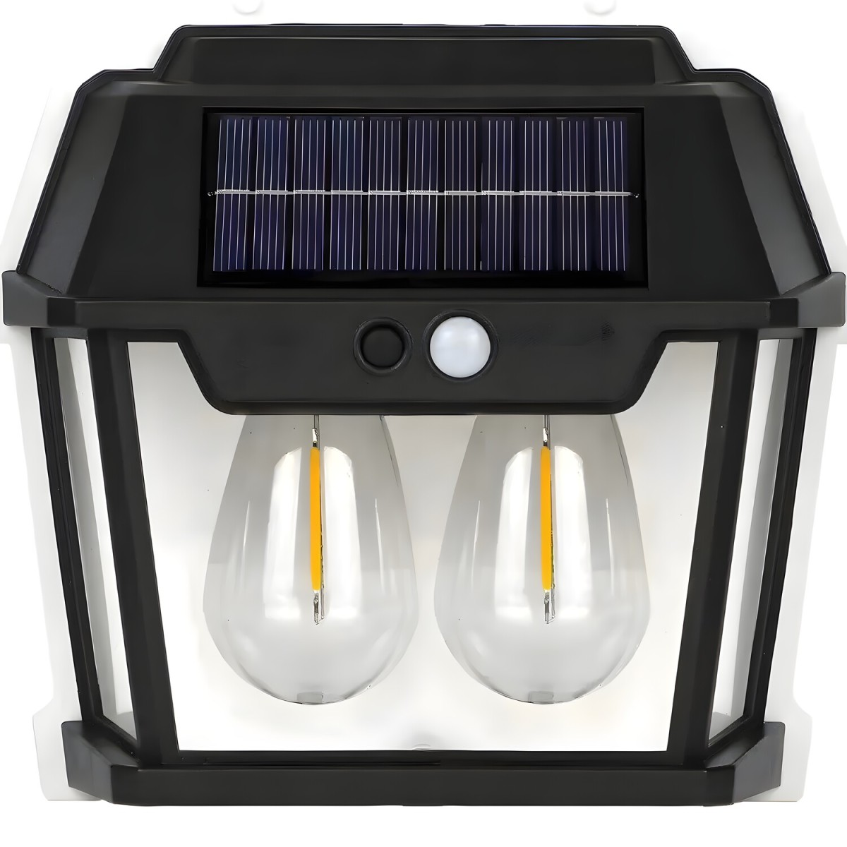 HARAHU Vonkajšia solárna nástenná lampa so 2 LED žiarovkami, pohybovým a súmrakovým senzorom, čierna