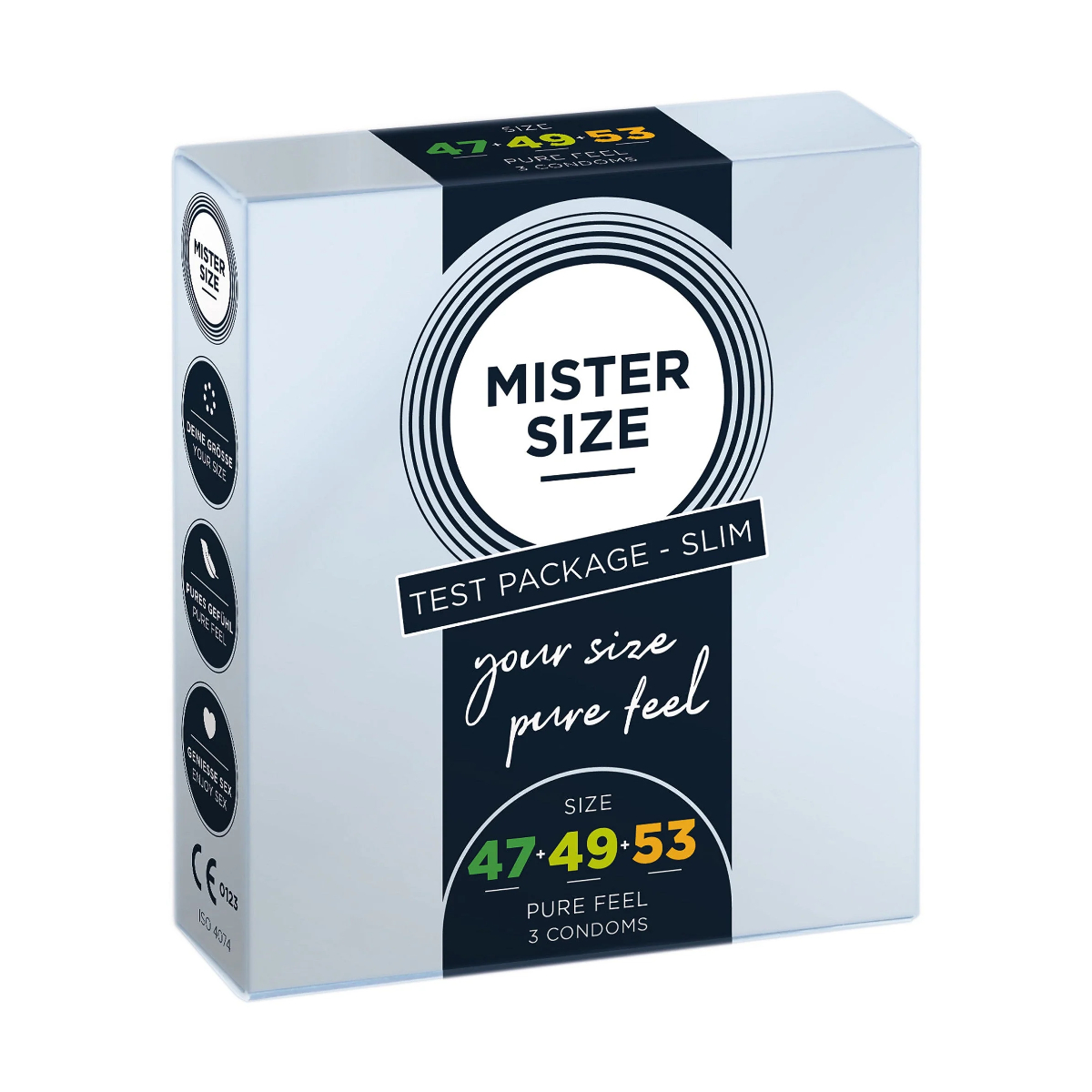 Shunga Pure Feel - Testovací balíček Slim - Kondómy 47, 49, 53 mm - 3 kusy