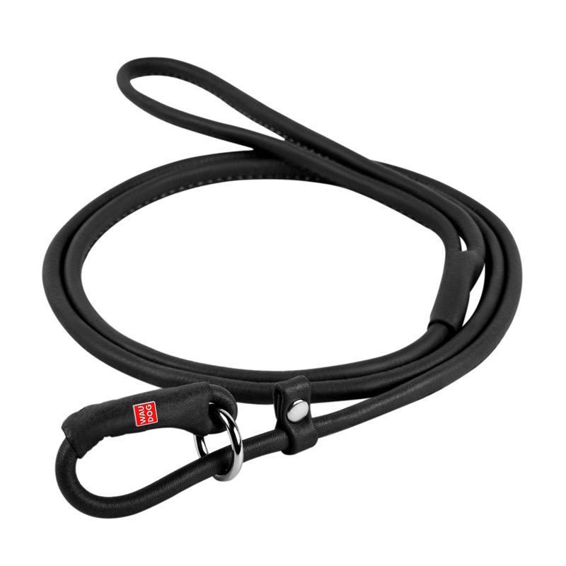 WAU DOG Okrúhle kožené škrtiace vodítko Soft čierne, 183 cm, 10 mm