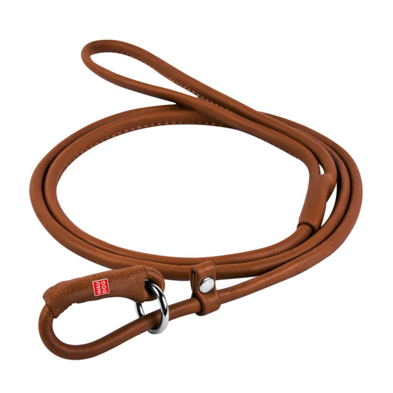 WAU DOG Okrúhle kožené škrtiace vodítko Soft hnedé, 183 cm, 10 mm