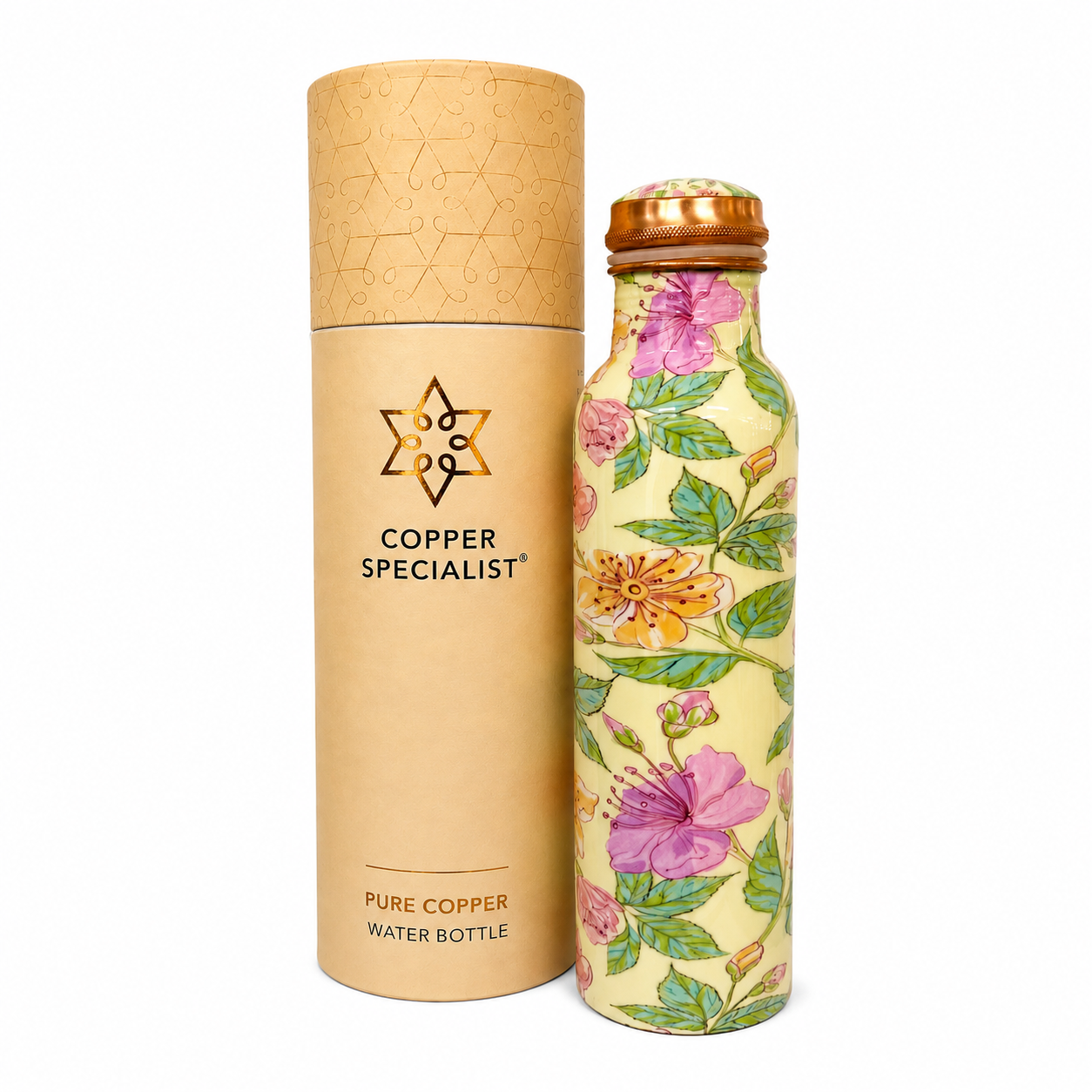 Ecozone Fľaša na vodu z čistej medi s kvetinovou potlačou, zelená/ružová/krémová – 1 liter/335 g