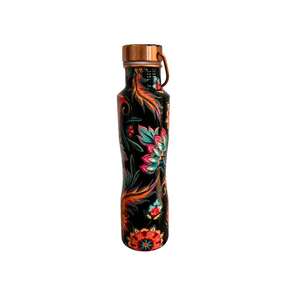 Ecozone Fľaša na vodu z čistej medi s kvetinovým motívom, zaobleným tvarom a držadlom, 1 liter / 385 g
