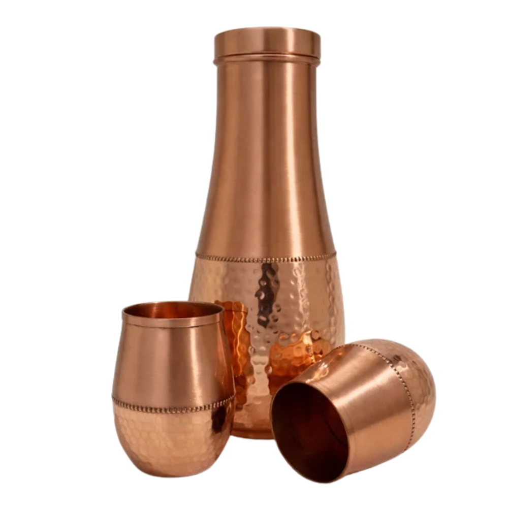 Ecozone Súprava z čistej medi tepaná karafa v tvare slzy (cca 950 ml) a dva poháre 300ml