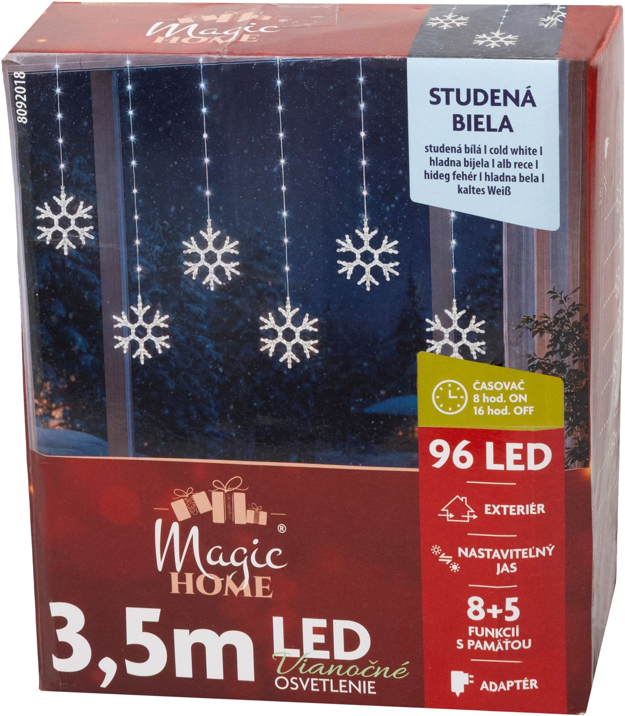 MagicHome Reťaz MagicHome Vianoce, časovač, snehové vločky, 96xLED, studená biela, 13 funkcií, 3,5 m, IP44