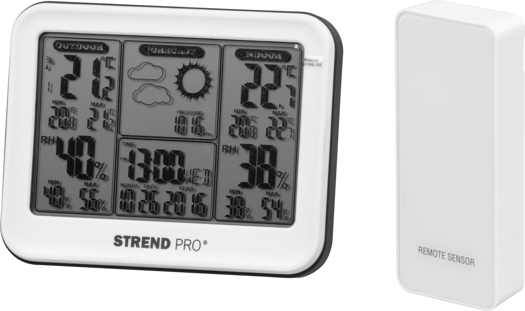 Strend Pro Meteostanica TMW08, digitálna, bezdrôtová s vonkajším senzorom a predpoveďou počasia, 130x25x100 mm
