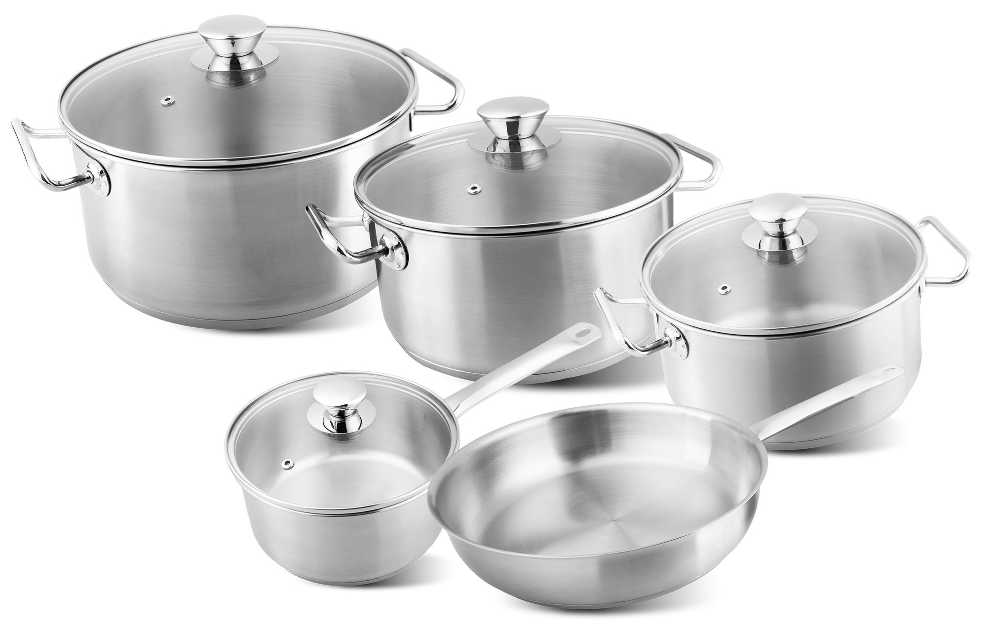 MagicHome Sada riadu MagicHome Chloe, panvica 24 cm, 3x kastról (3l, 4l a 6,6 l), rajnica 2l, so sklenenými pokrievkami, nerez, 9 dielna