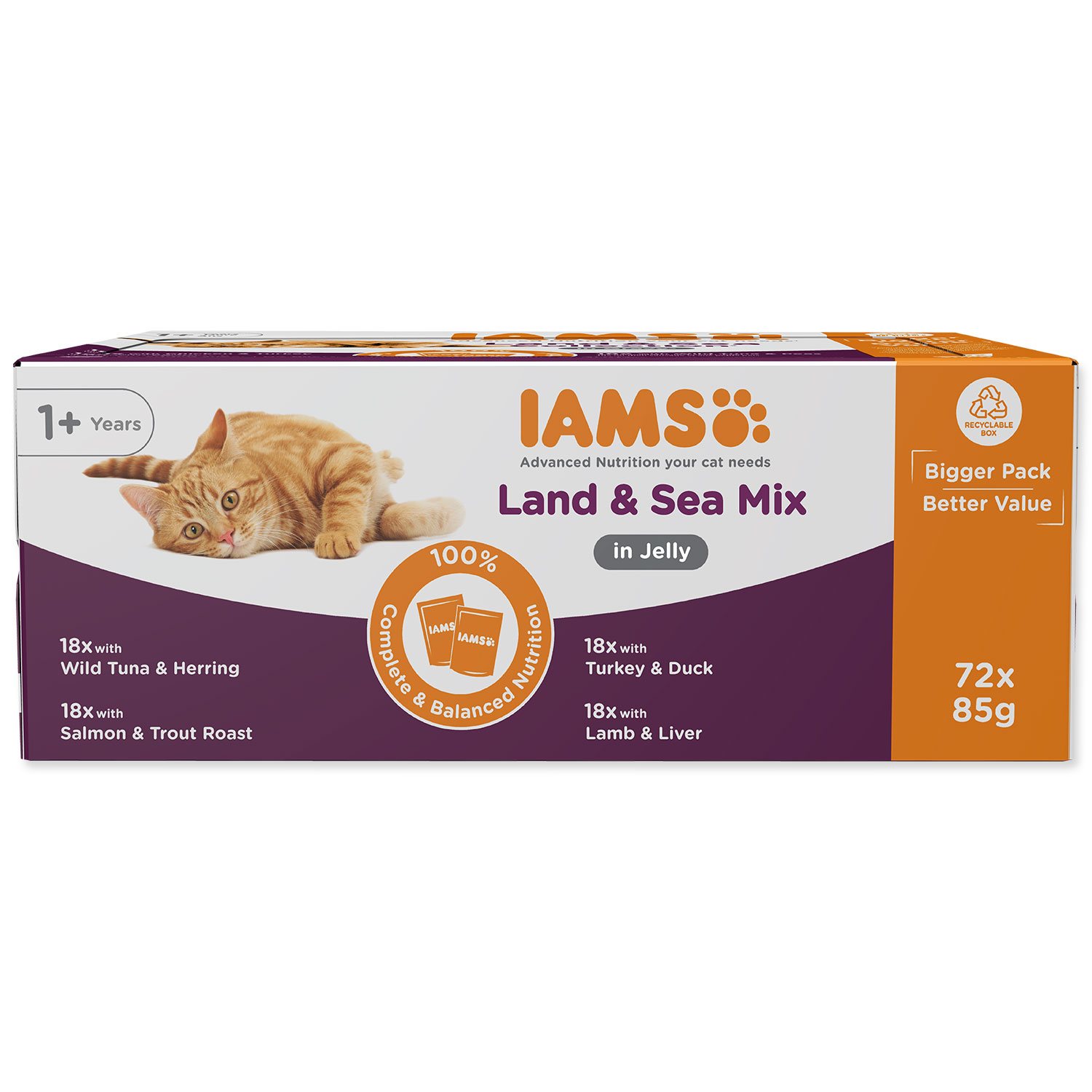 IAMS Kapsička Delights Adult morské a suchozemské mäso v želé multipack 6120g (72x85g)