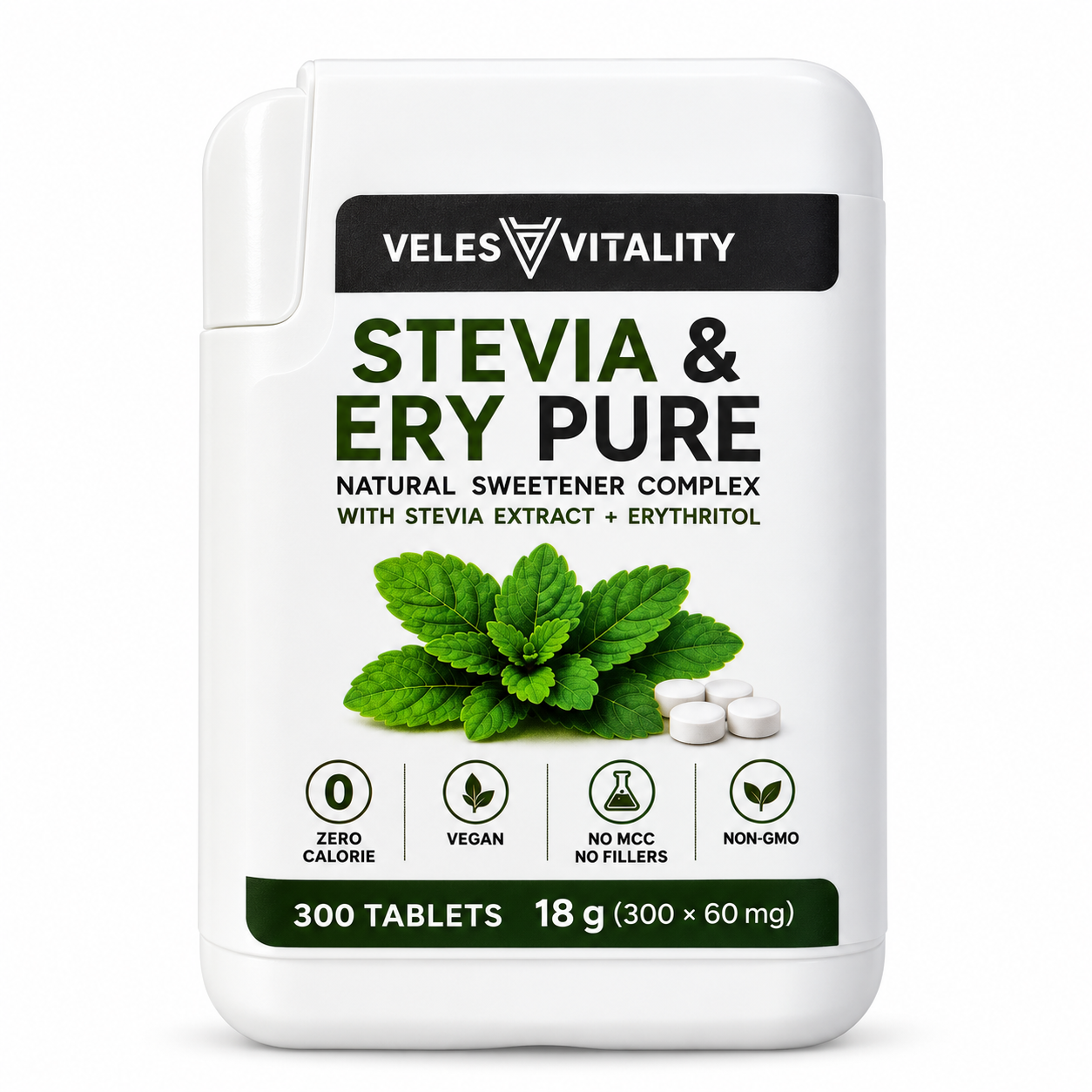 Veles Vitality Veles Vitality STEVIA & ERY PURE sladidlo so stéviou a erytritolom 300 tabliet v dávkovači