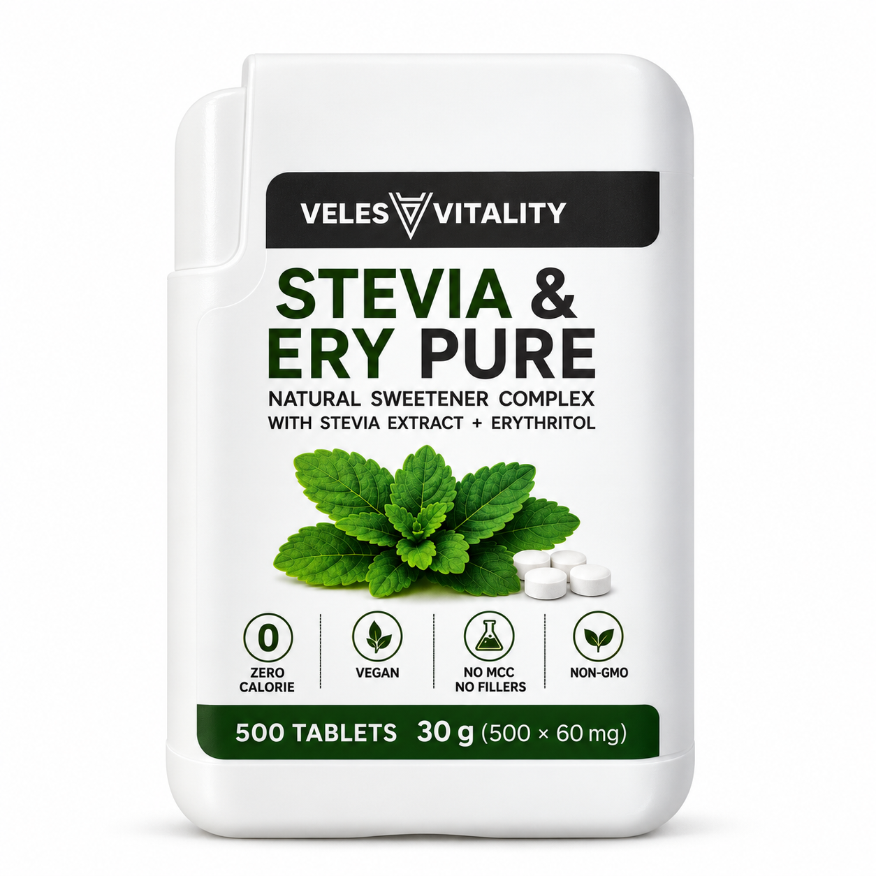 Veles Vitality Veles Vitality STEVIA & ERY PURE sladidlo so stéviou a erytritolom 500 tabliet v dávkovači