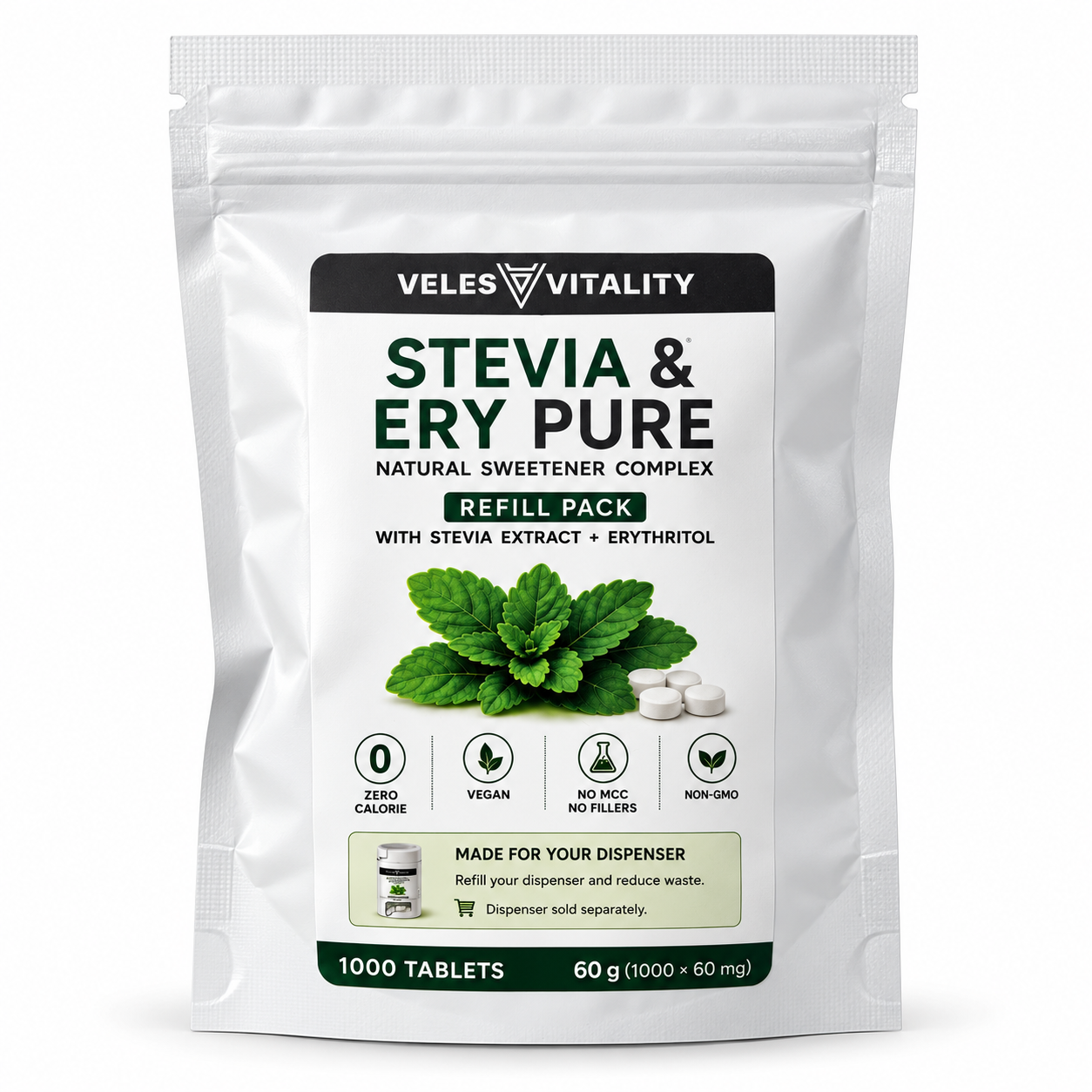 Veles Vitality Veles Vitality STEVIA & ERY PURE sladidlo so stéviou a erytritolom 1000 tabliet náhradná náplň (refill pack)