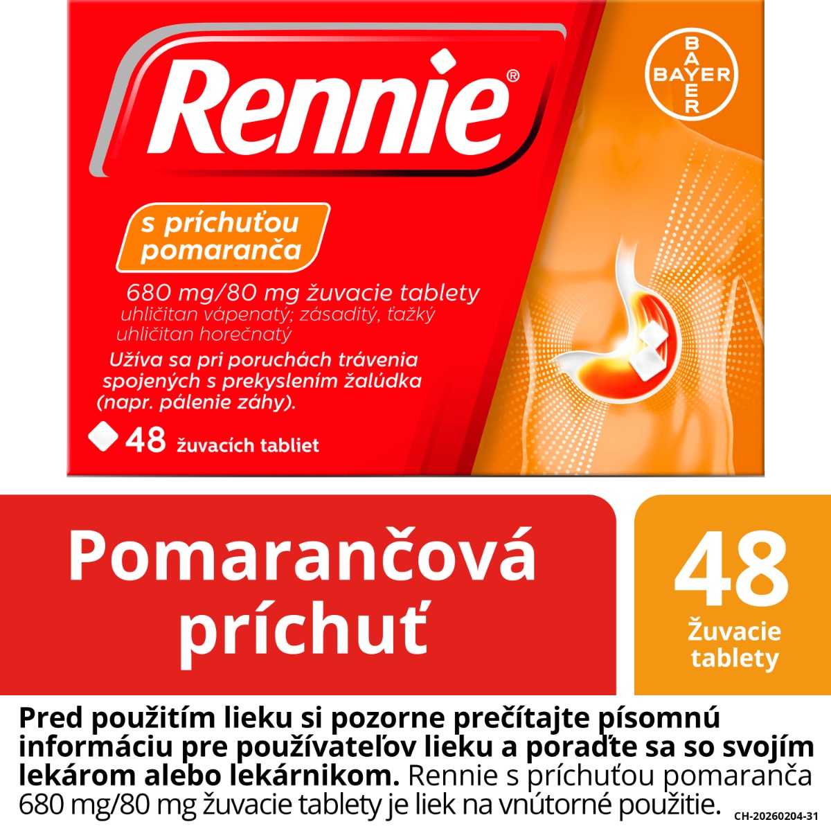 Rennie Pomaranč tablety pri pálení záhy – 48 ks