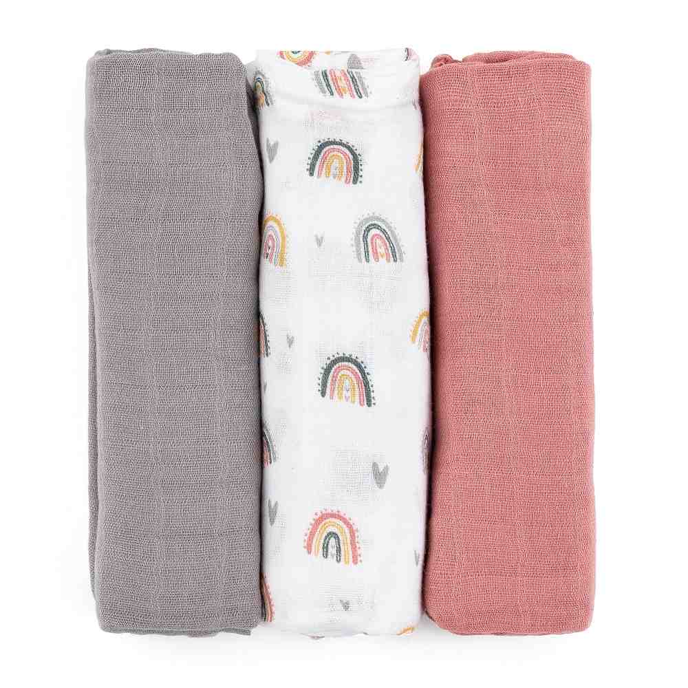 Petite&Mars Petite&Mars Sada plienok bambusová mušelínová 3ks Moussy Rose Rainbows, 68 x 68 cm