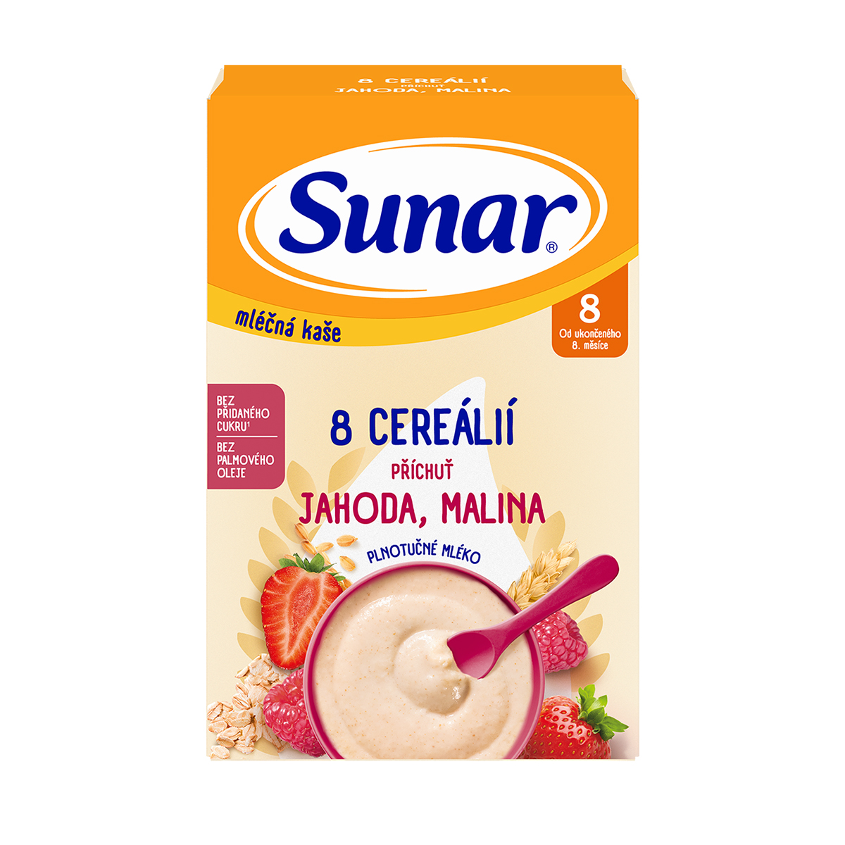 Sunar Sunar mliečna kaša 8 cereálií príchuť jahoda, malina