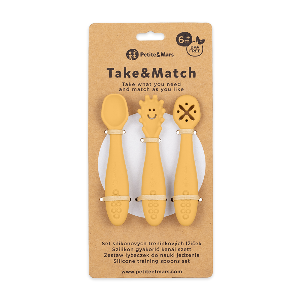 Petite&Mars Petite&Mars Set 3 ks silikónových tréningových lyžičiek Take&Match Intense Ochre 6m+