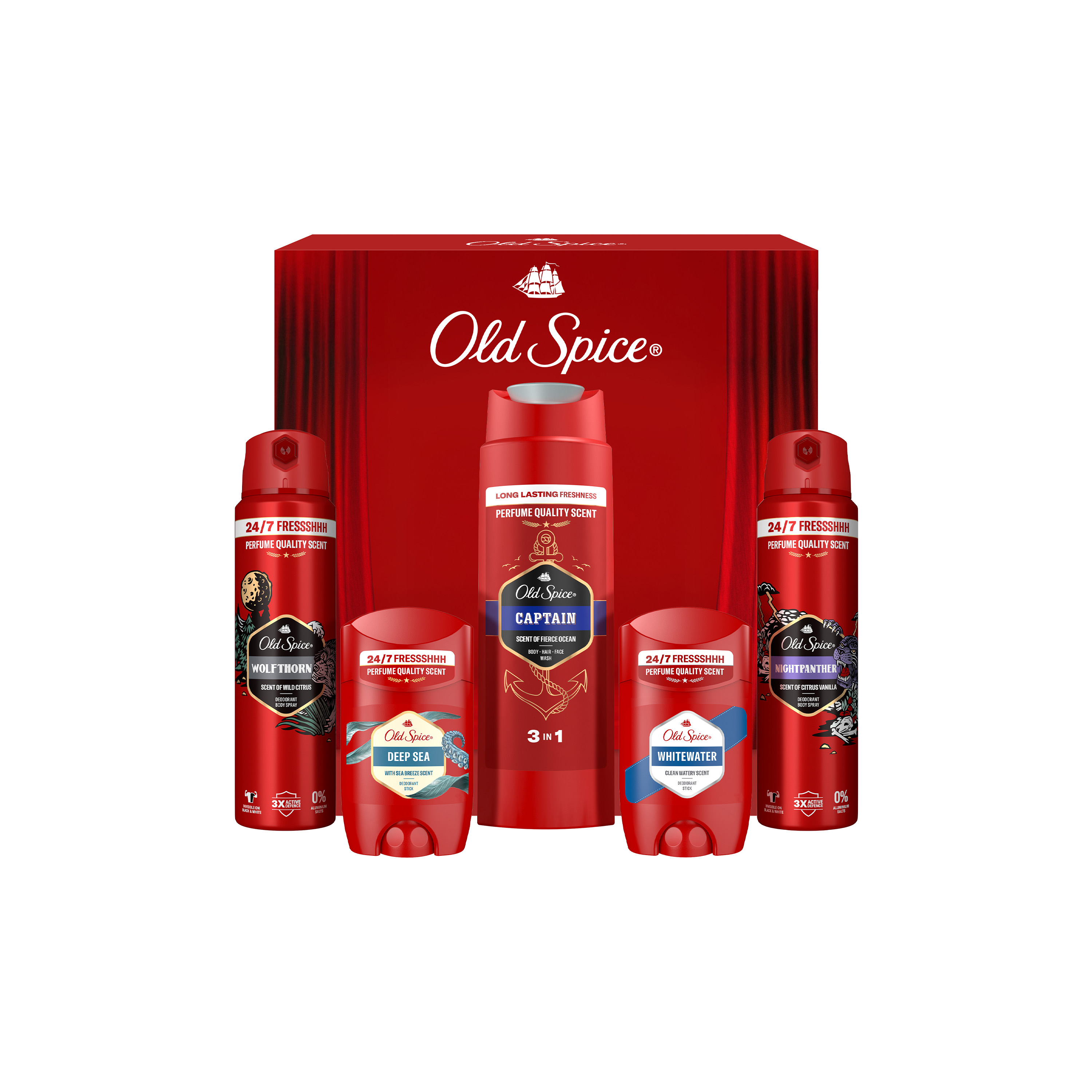 Old Spice Xmass set Old Spice Discovery Box s tuhými deodorantmi 2x50ml, sprejmi 2x150ml a sprchovým gélom Captain 250ml, mix línií