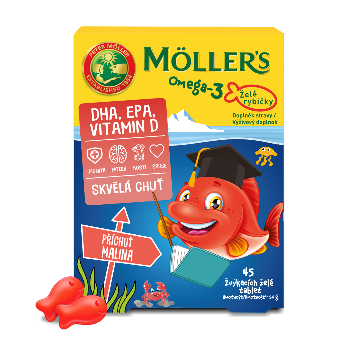 Mollers Möller´s Omega-3 Želé rybičky s malinovou príchuťou 45 žuvacích želé