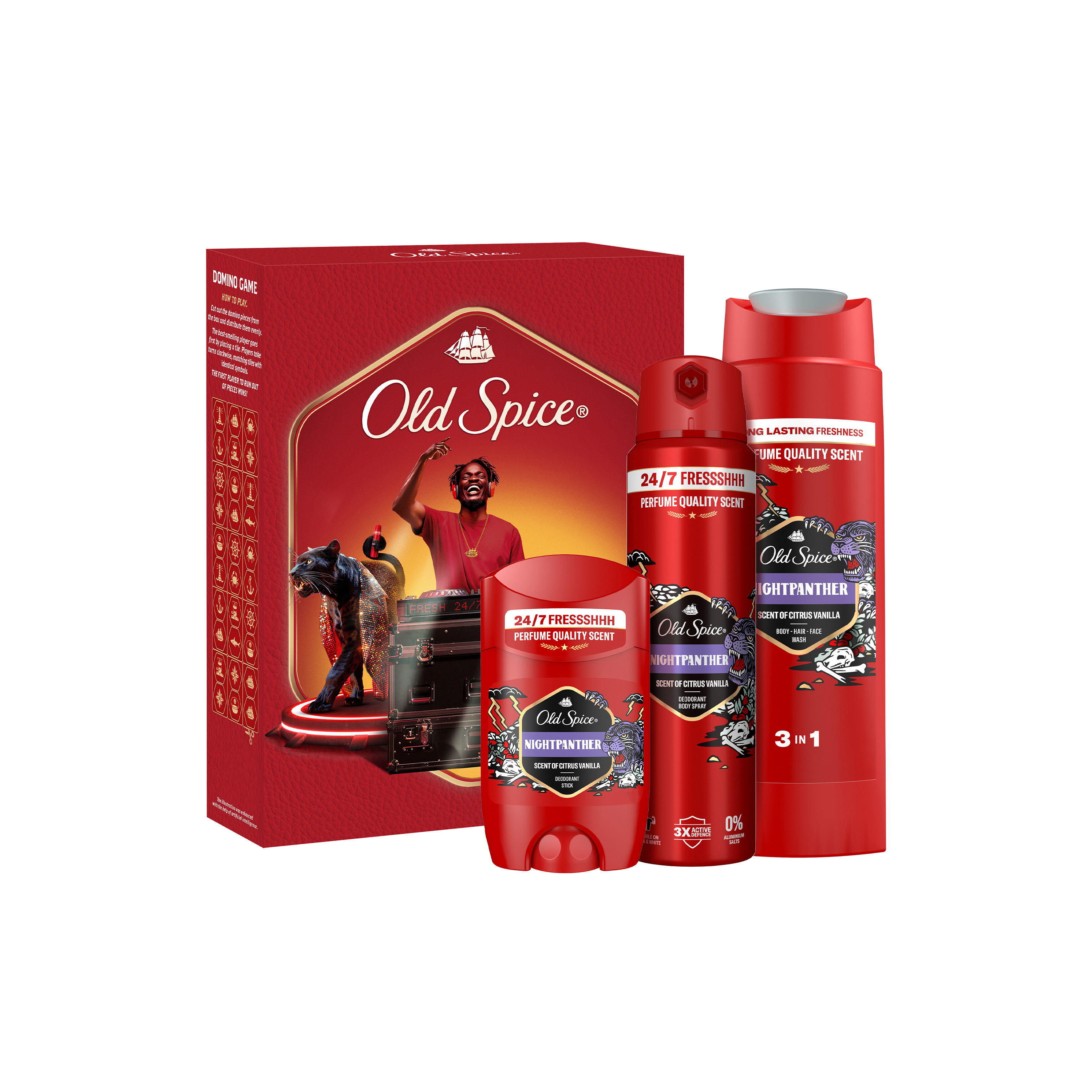 Old Spice Xmass set Old Spice Night Panther DJ s deodorantom v spreji 150ml, tuhý deodorant 50ml a sprchový gél 250ml