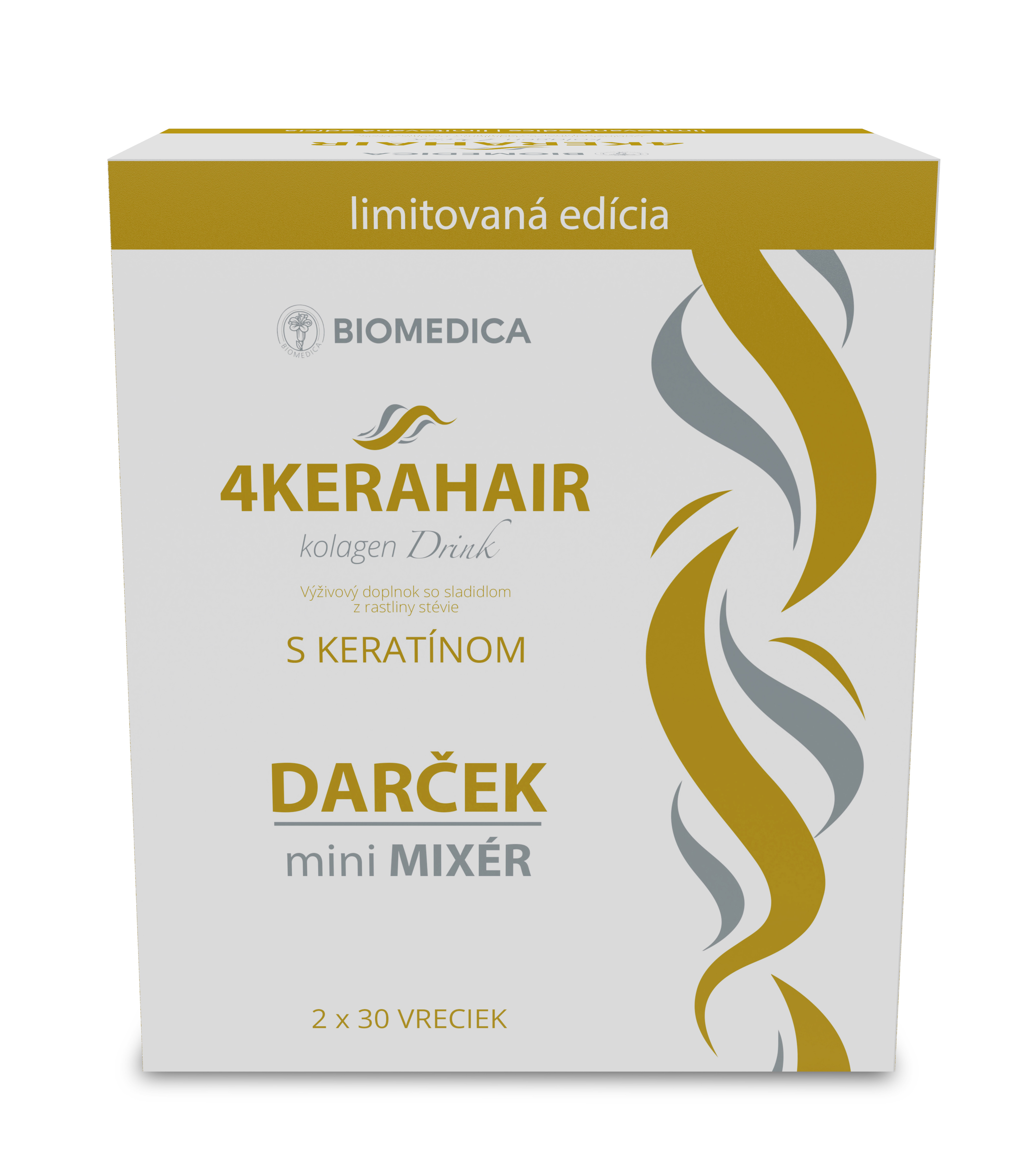BIOMEDICA 4KERAHAIR KOLAGEN DRINK+KERATIN 2X30KS+MINI MIXER SET. Produkt s končiacou exspiráciou. Výrobok exspiruje dňa 28.10.2026. 4KERAHAIR kolagén Drink, výživový doplnok so sladidlom z rastliny stévie PRE ZDRAVÉ A KRÁSNE VLASY. Výživný kolagénový nápoj s keratínom pre kompletný anti-aging a anti-stress vlasovú starostlivosť. DARČEK - mini MIXÉR ZADARMO.