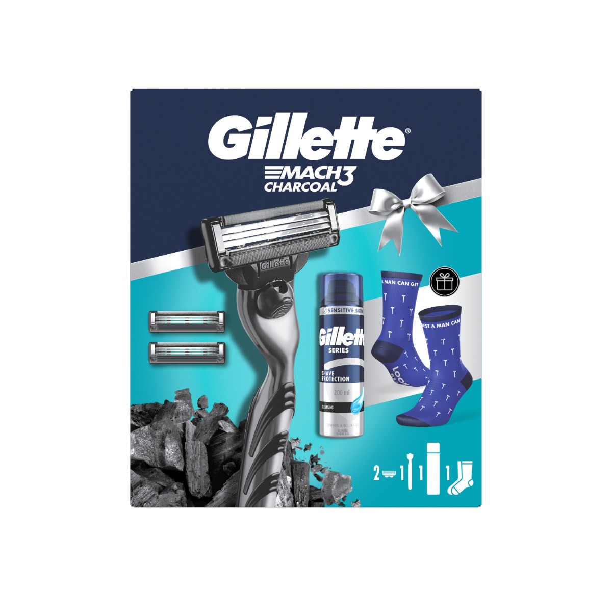 Gillette Gillette darčeková sada Mach3 Charcoal: pánsky holiaci strojček s 3 čepeľami, 2 náhradné hlavice, gél na holenie, ponožky
