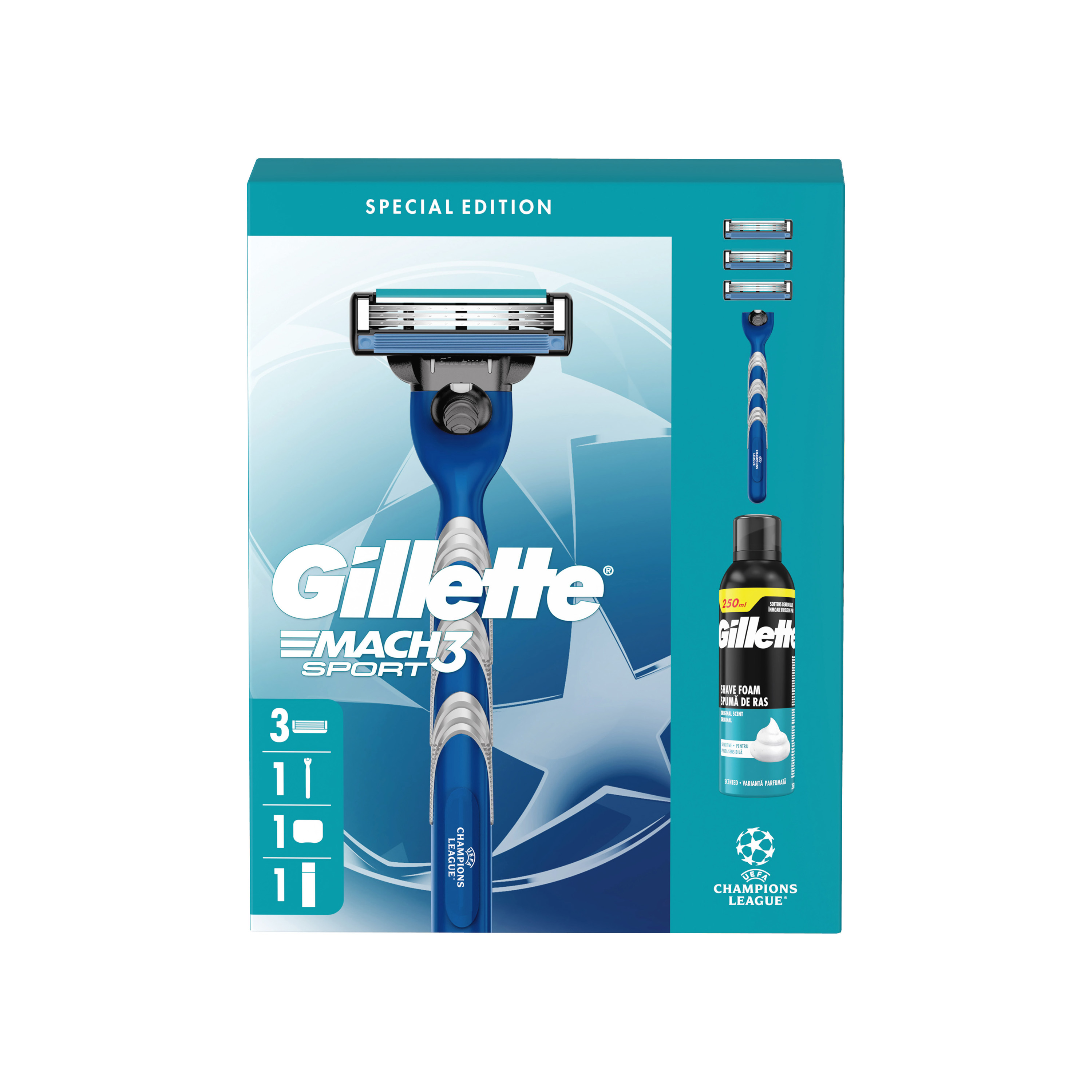 Gillette Gillette Mach3 Uefa Champions League Special Edition: pánsky holiaci strojček, 3 náhradné hlavice, pena na holenie 250 ml