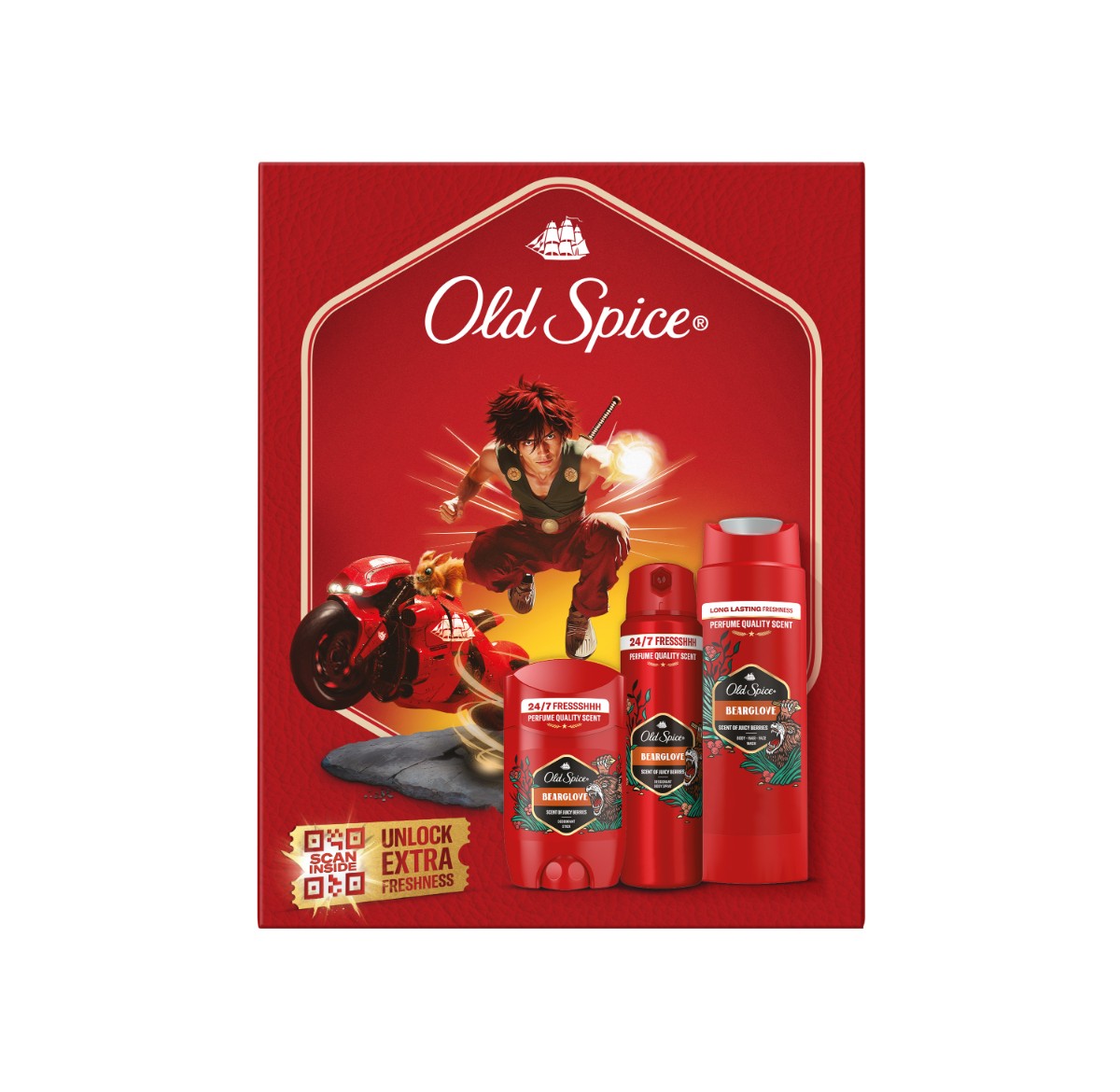 Old Spice Old Spice darčeková sada Anime s tuhým deodorantom, deodorantom v spreji a sprchovým gélom Bearglove
