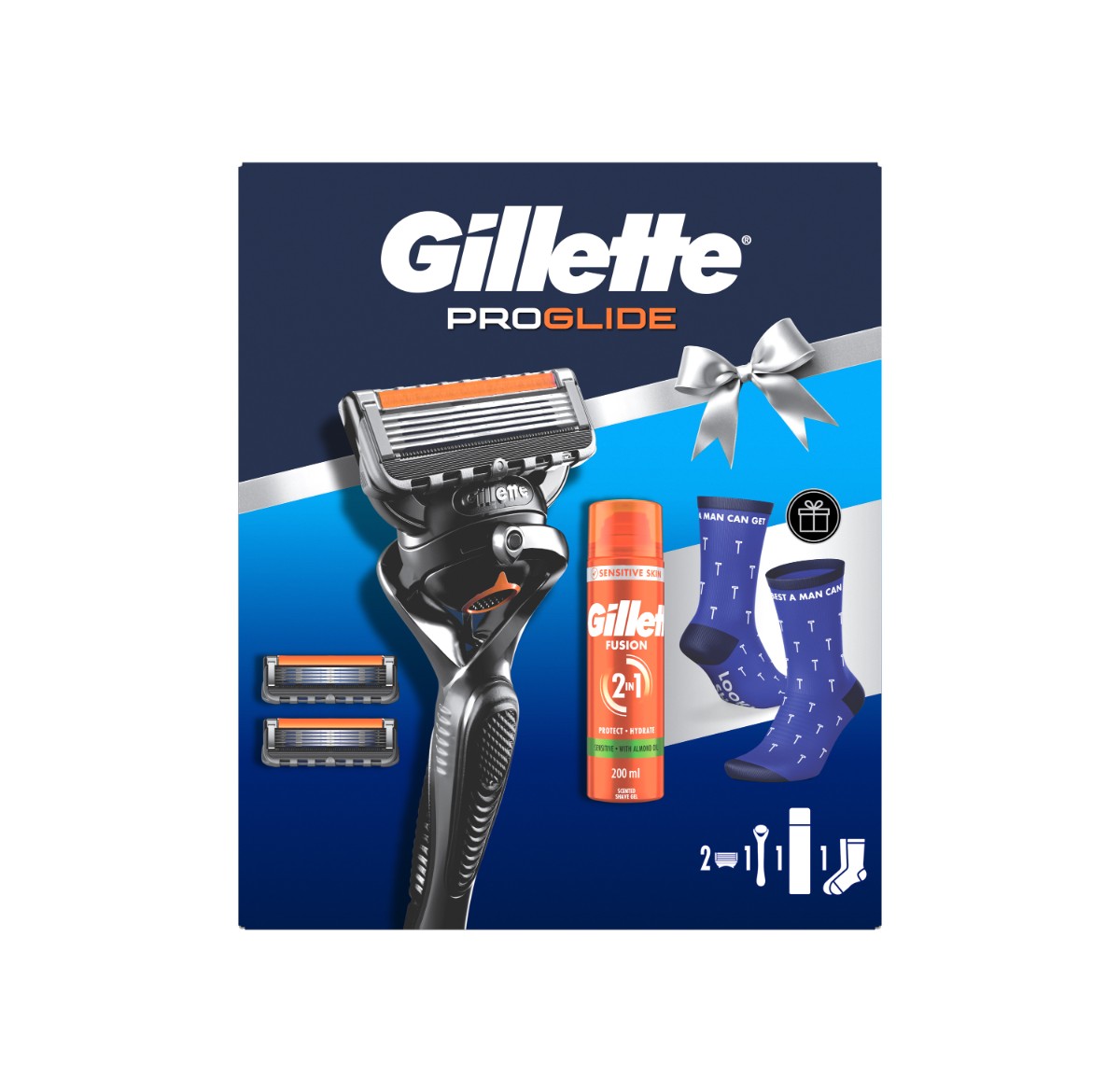Gillette Gillette darčeková sada ProGlide: pánsky holiaci strojček s 5 čepeľami, 2 náhradné hlavice, gél na holenie, ponožky