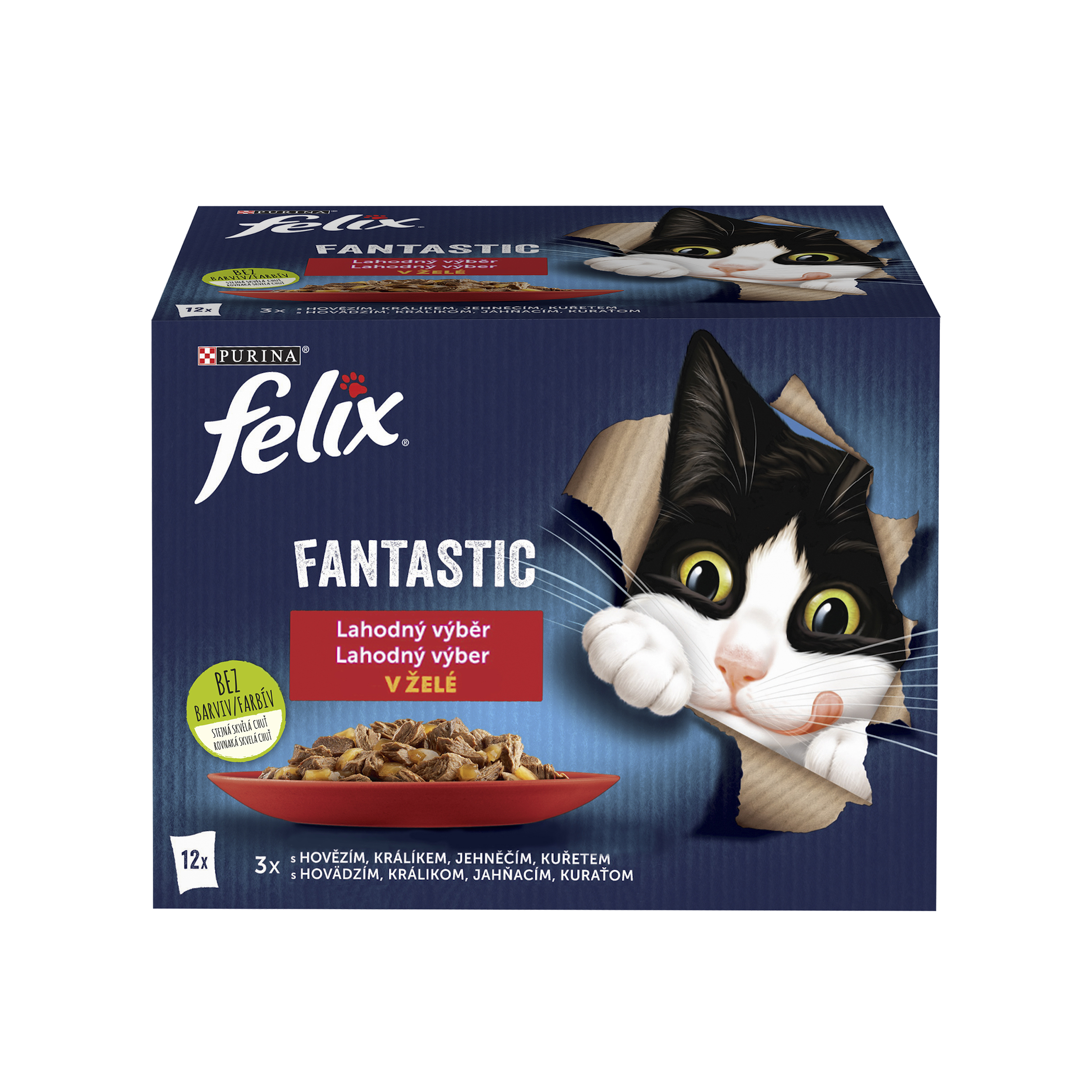 Felix Felix Fantastic kapsičky pre mačky kura, hovädzie, králik, jahňacie v želé 12×85 g