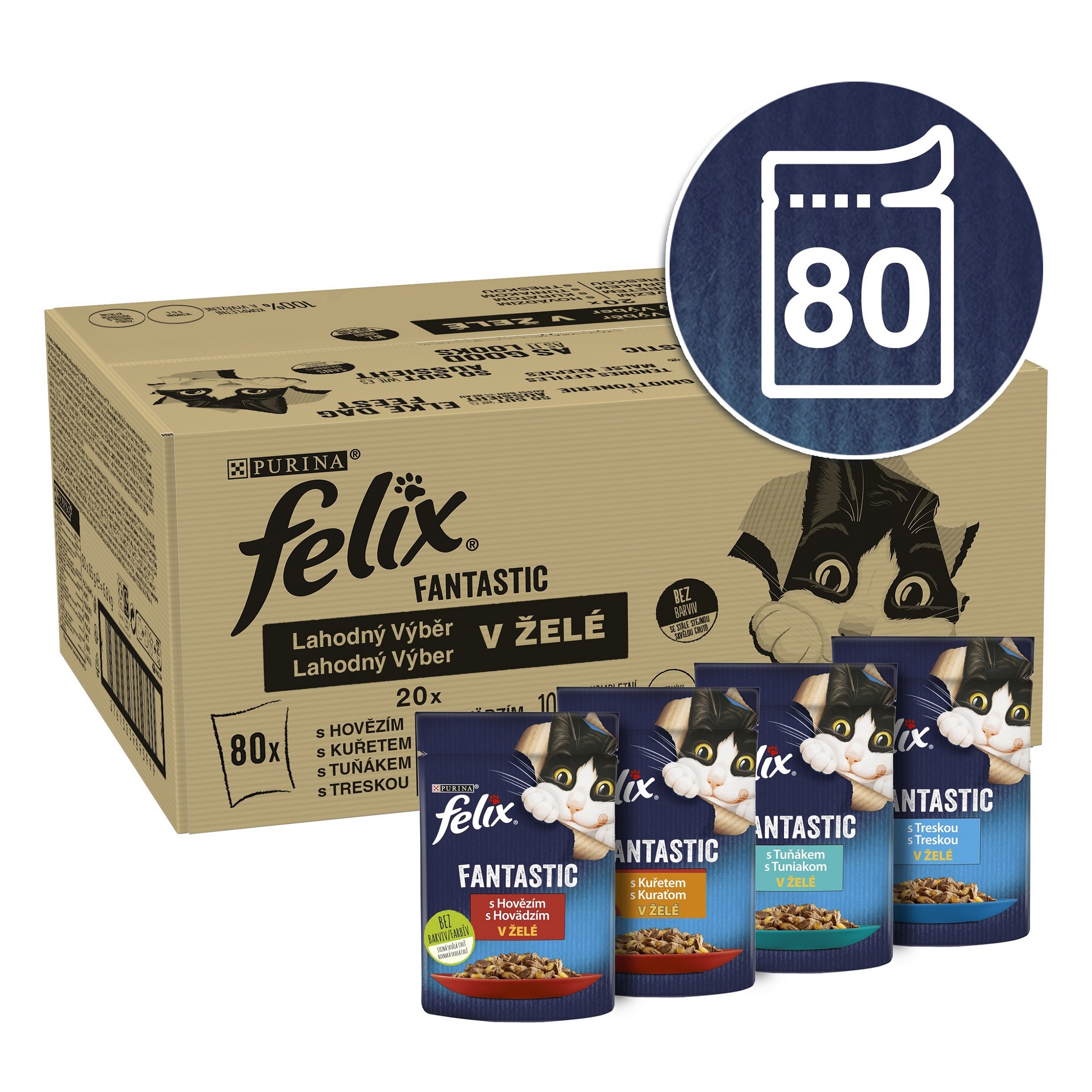 Felix Felix Fantastic kapsičky pre mačky hovädzie, kura, tuniak, treska v želé 80×85 g