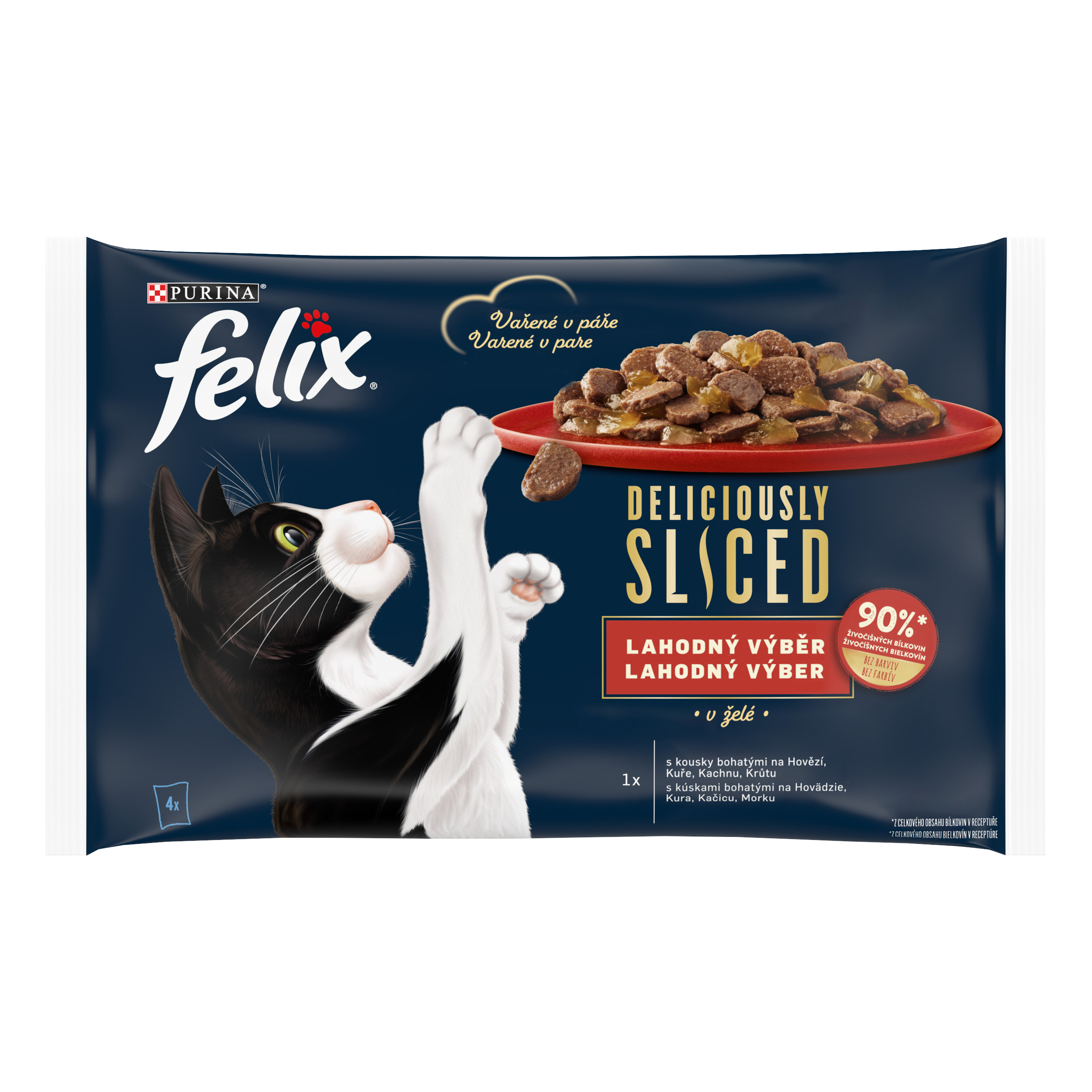 Felix Felix Deliciously Sliced kapsičky pre mačky hovädzie, kura, kačica, morka v želé 4×80 g