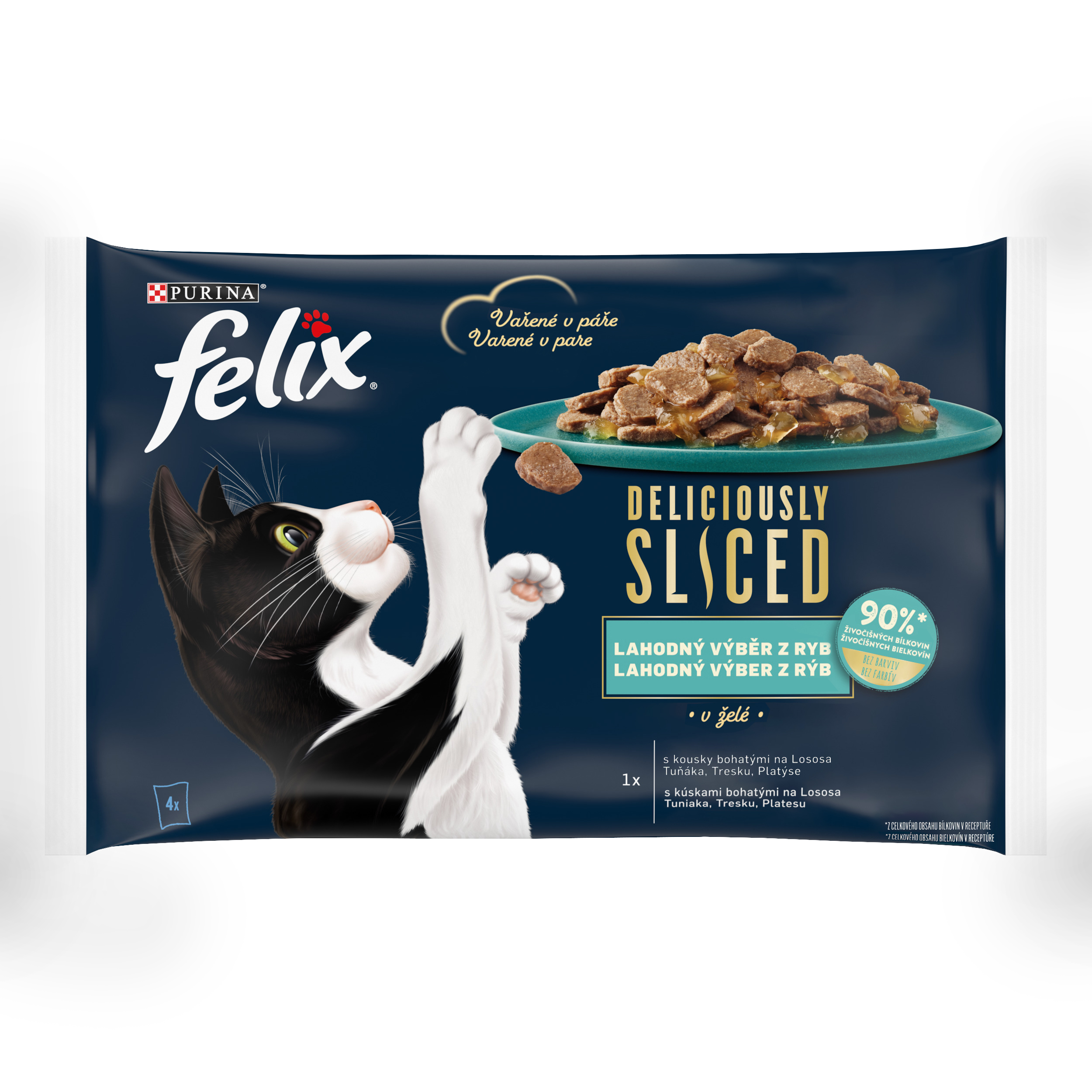 Felix Felix Deliciously Sliced kapsičky pre mačky losos, tuniak, treska, platesa v želé 4x80 g