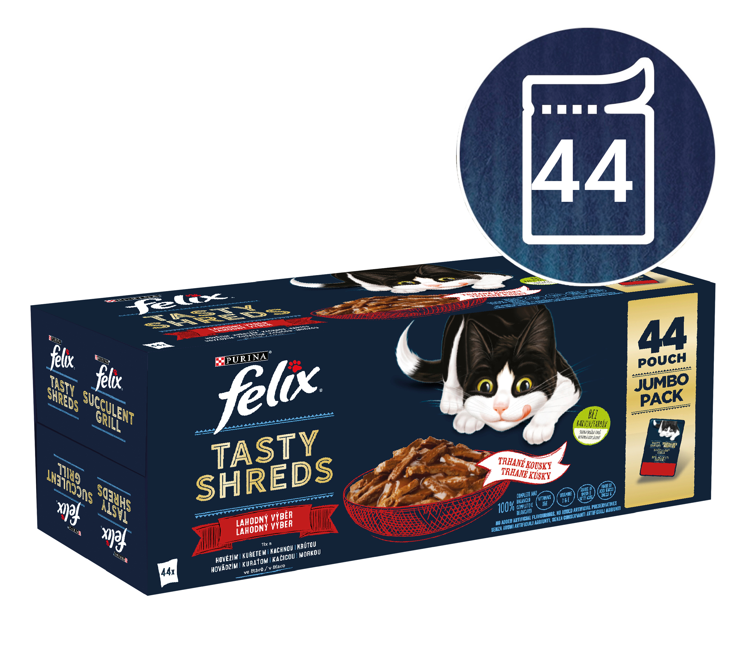 Felix Felix Tasty Shreds kapsičky pre mačky hovädzie, kura, kačica, morka v šťave 44x80 g