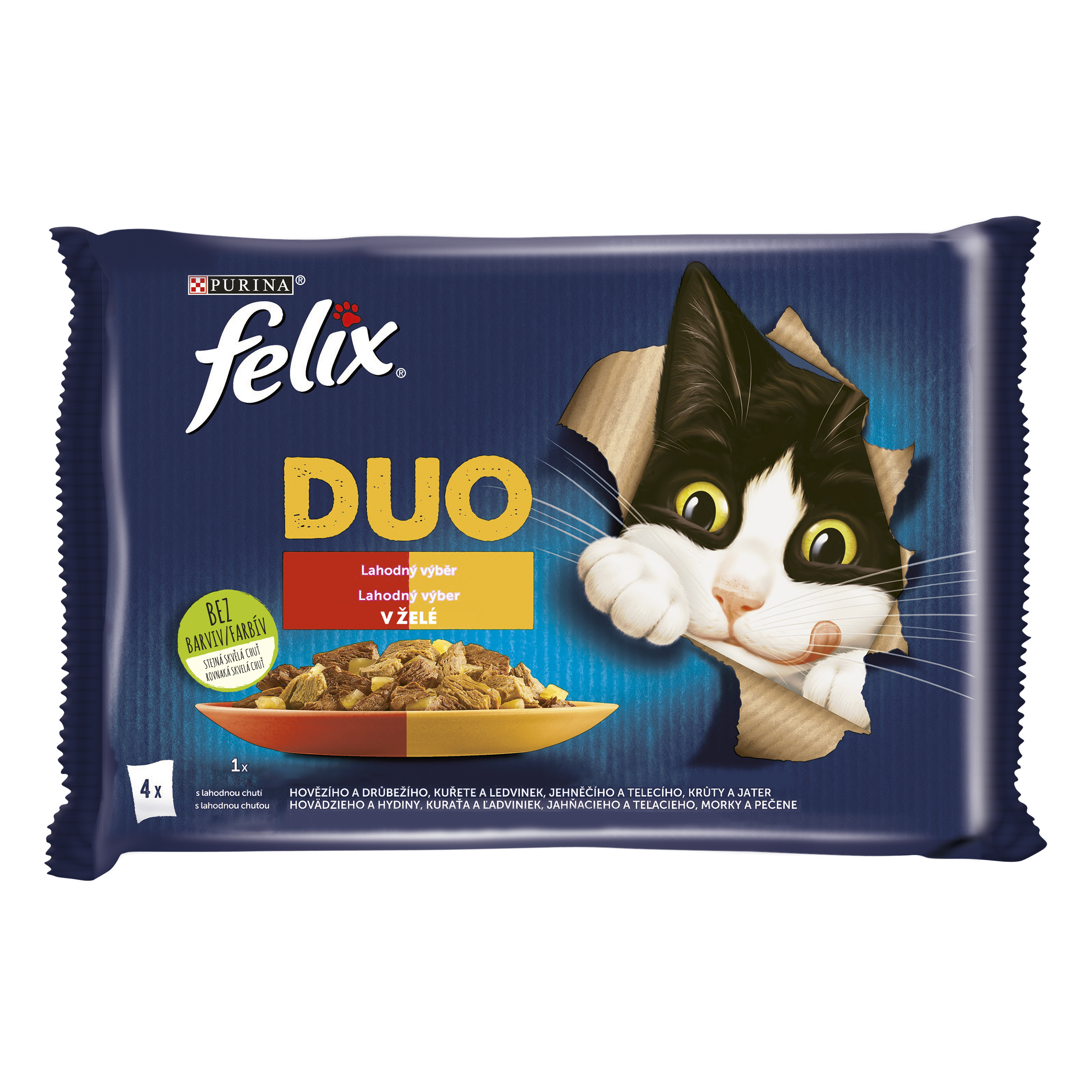 Felix Felix Fantastic Duo kapsičky pre mačky kura a obličky, hovädzie a hydinové, morka a pečeň, jahňacie a teľacie 4×85 g