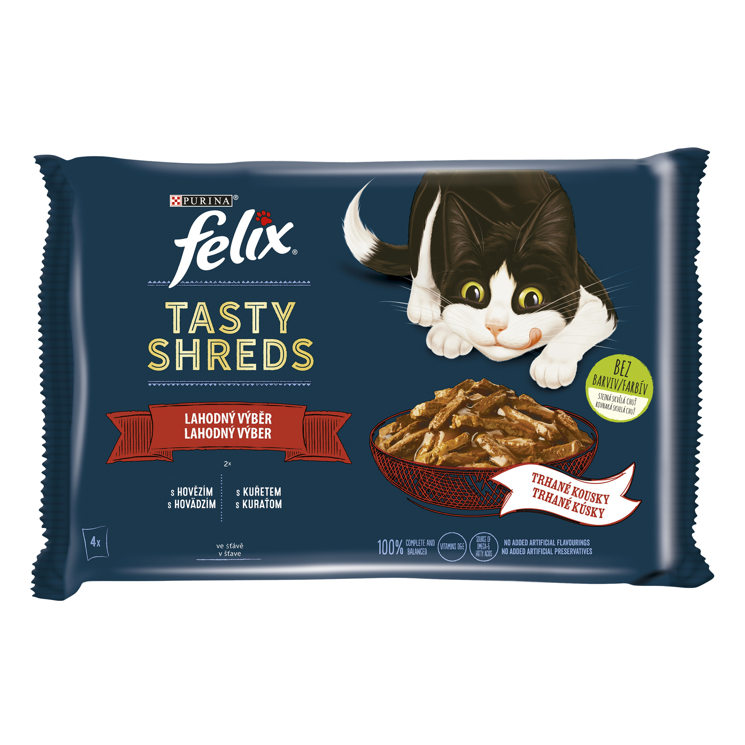 Felix Felix Tasty Shreds kapsičky pre mačky hovädzie, kura v šťave 4x80 g