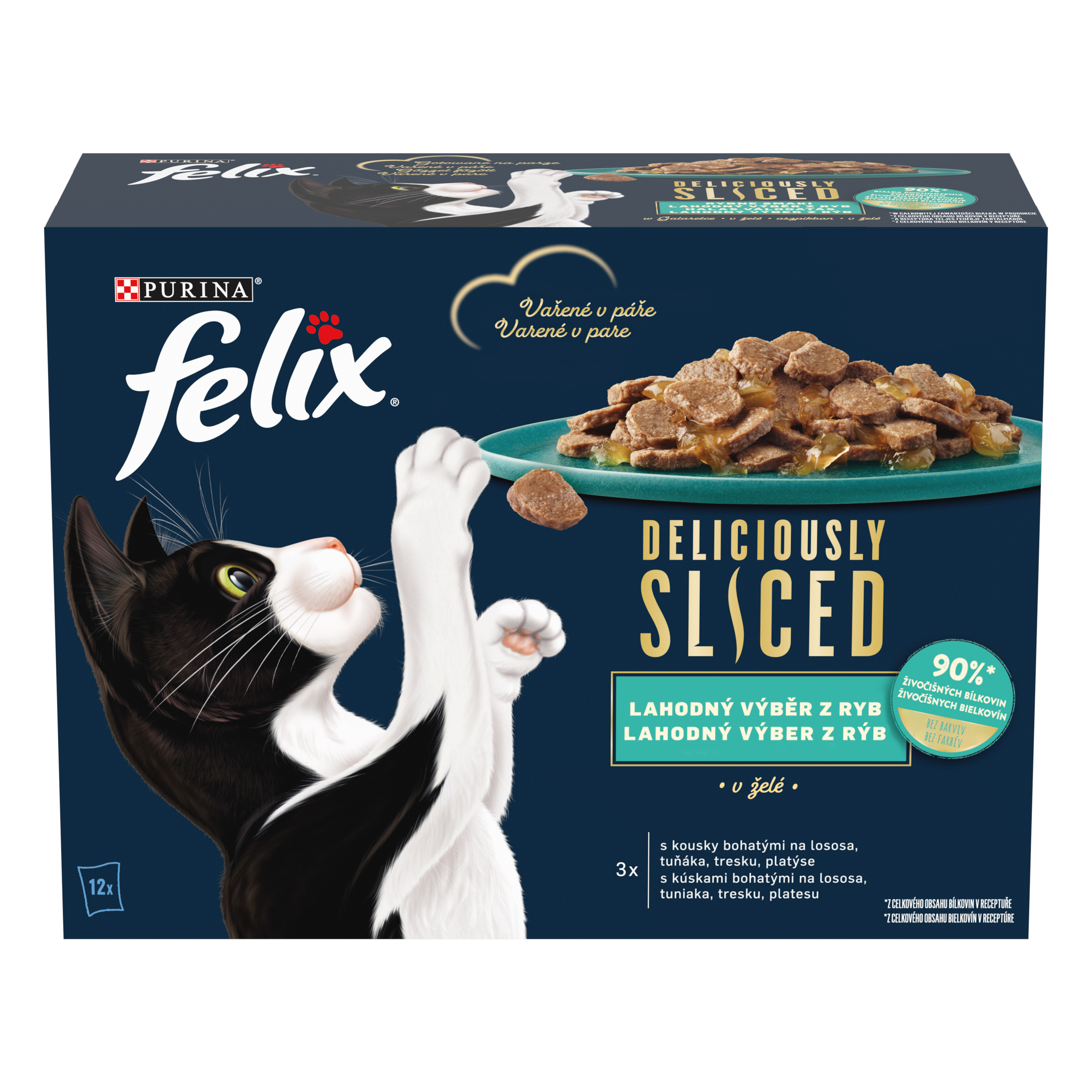 Felix Felix Deliciously Sliced kapsičky pre mačky losos, tuniak, treska, platesa v želé 12×80 g