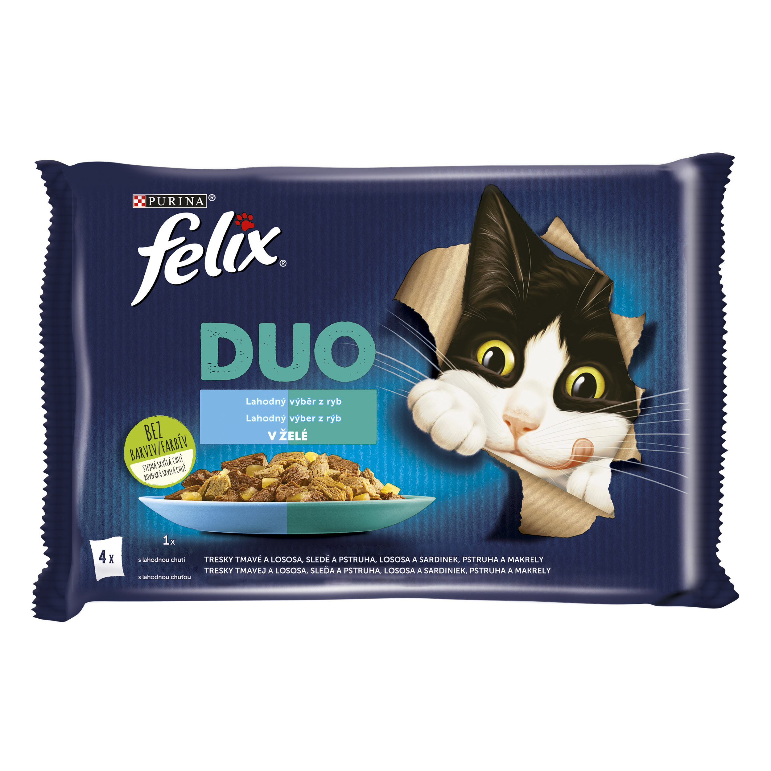 Felix Felix Fantastic Duo kapsičky pre mačky treska a losos, losos a sardinky, sleď a pstruh, pstruh a makrela 4x85 g