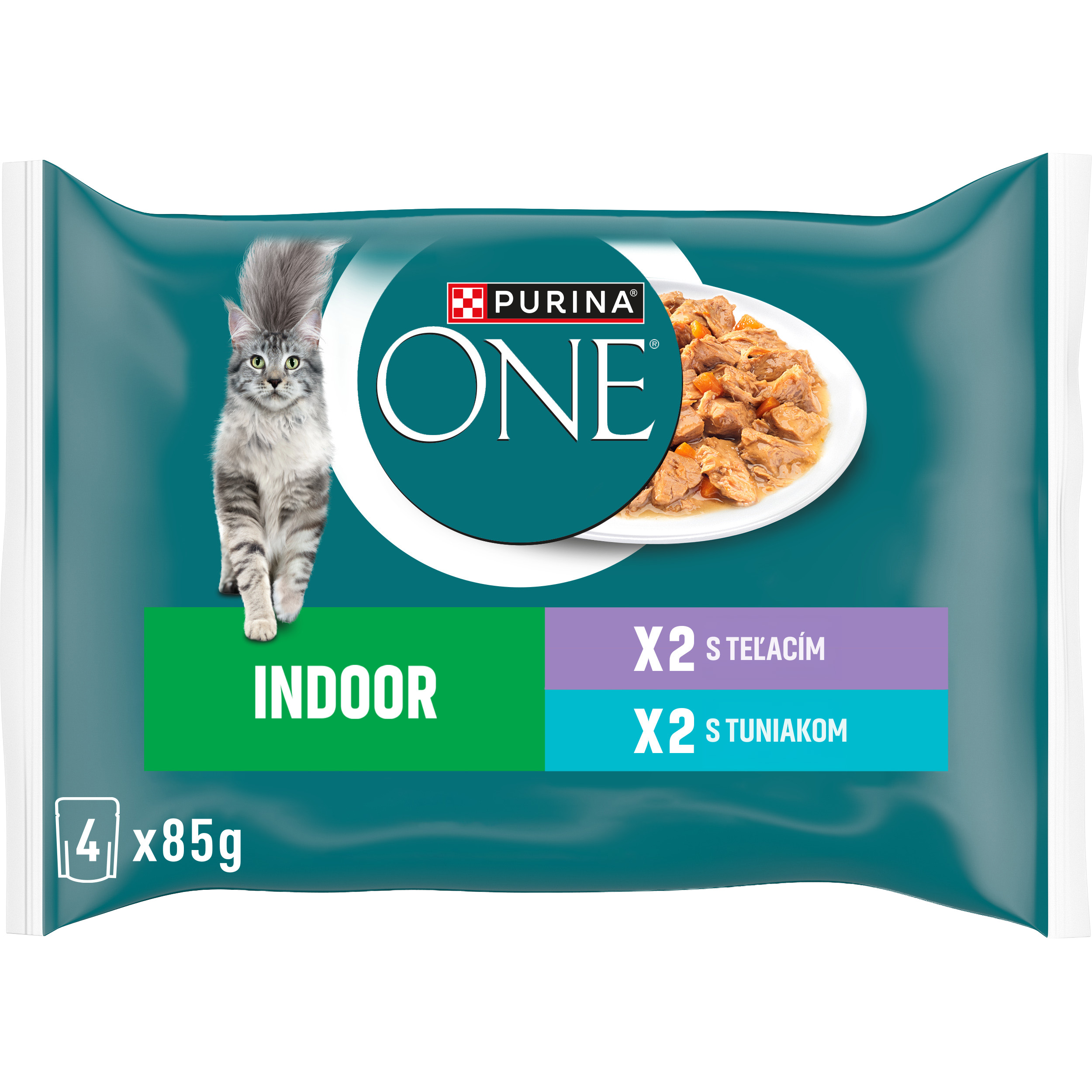 Purina ONE Purina One Indoor mini filetky s tuniakom a zelenými fazuľkami / s teľacím a mrkvou v šťave (4x85g)