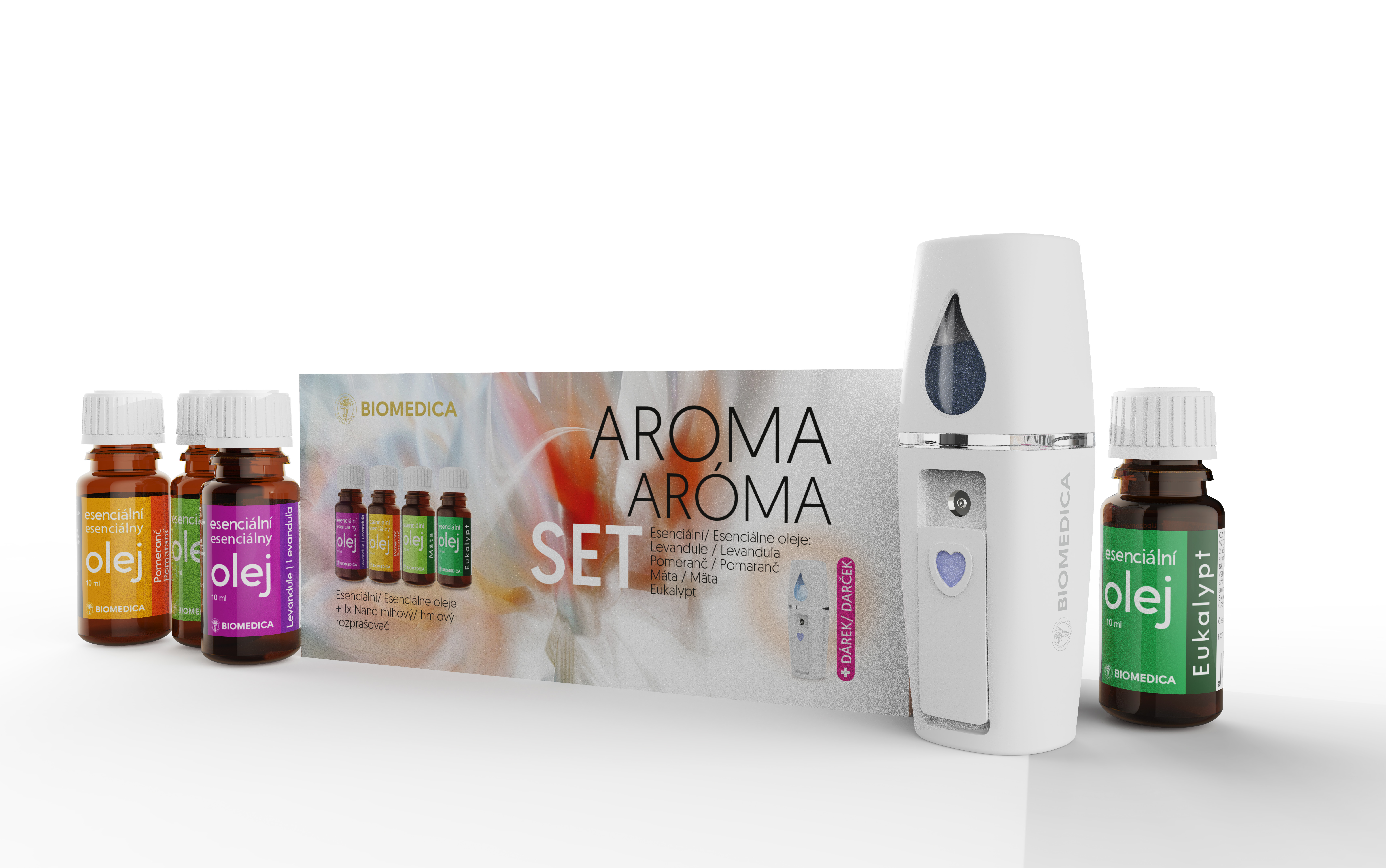 Biomedica Biomedica Aróma Set 4x10 ml Esenciálne oleje + Darček 1x Nano hmlový rozprašovač