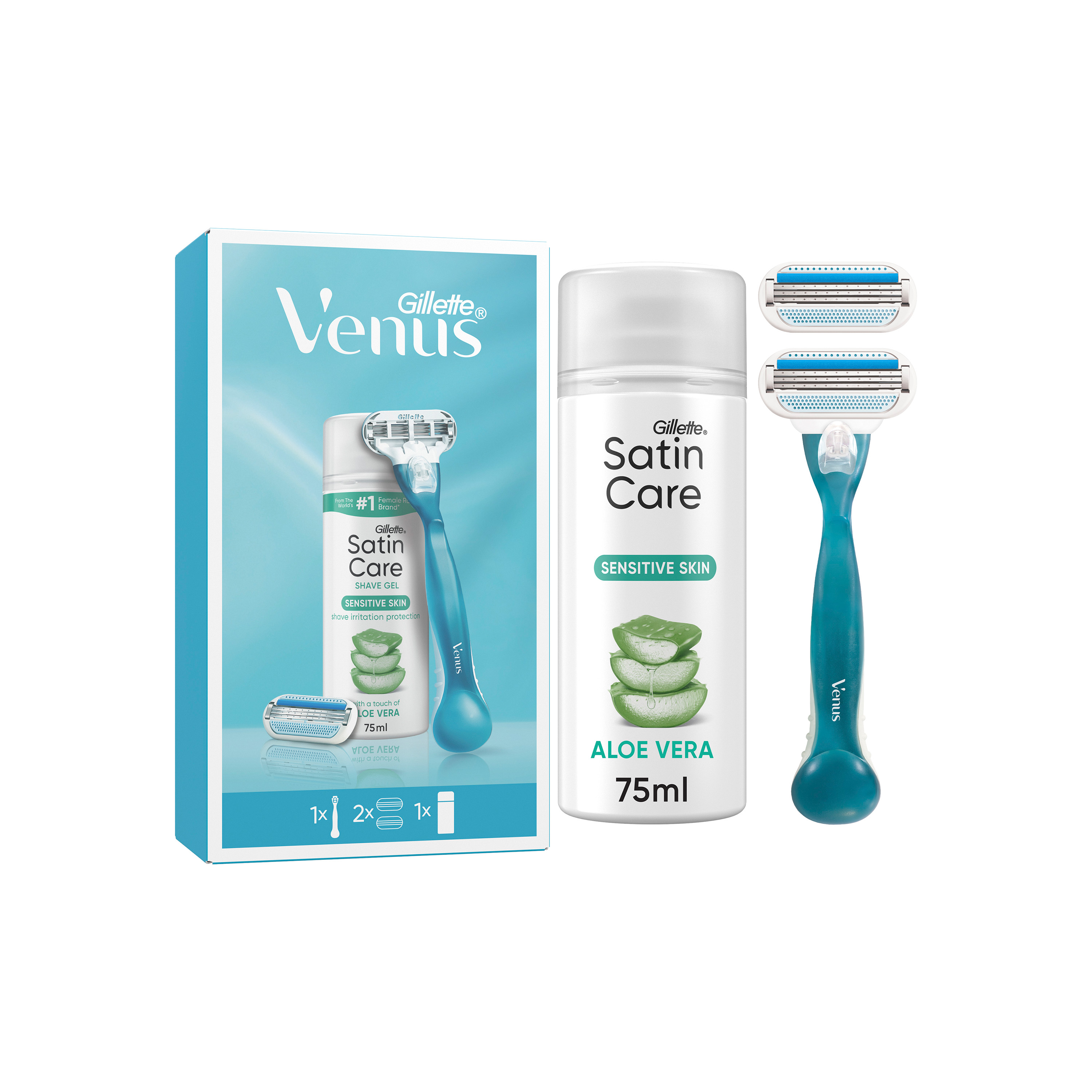 Gillette Gillette Venus darčeková sada Satin Care Sensitive Skin Aloe Vera: dámsky holiaci strojček, 2 náhradné hlavice, gél na holenie