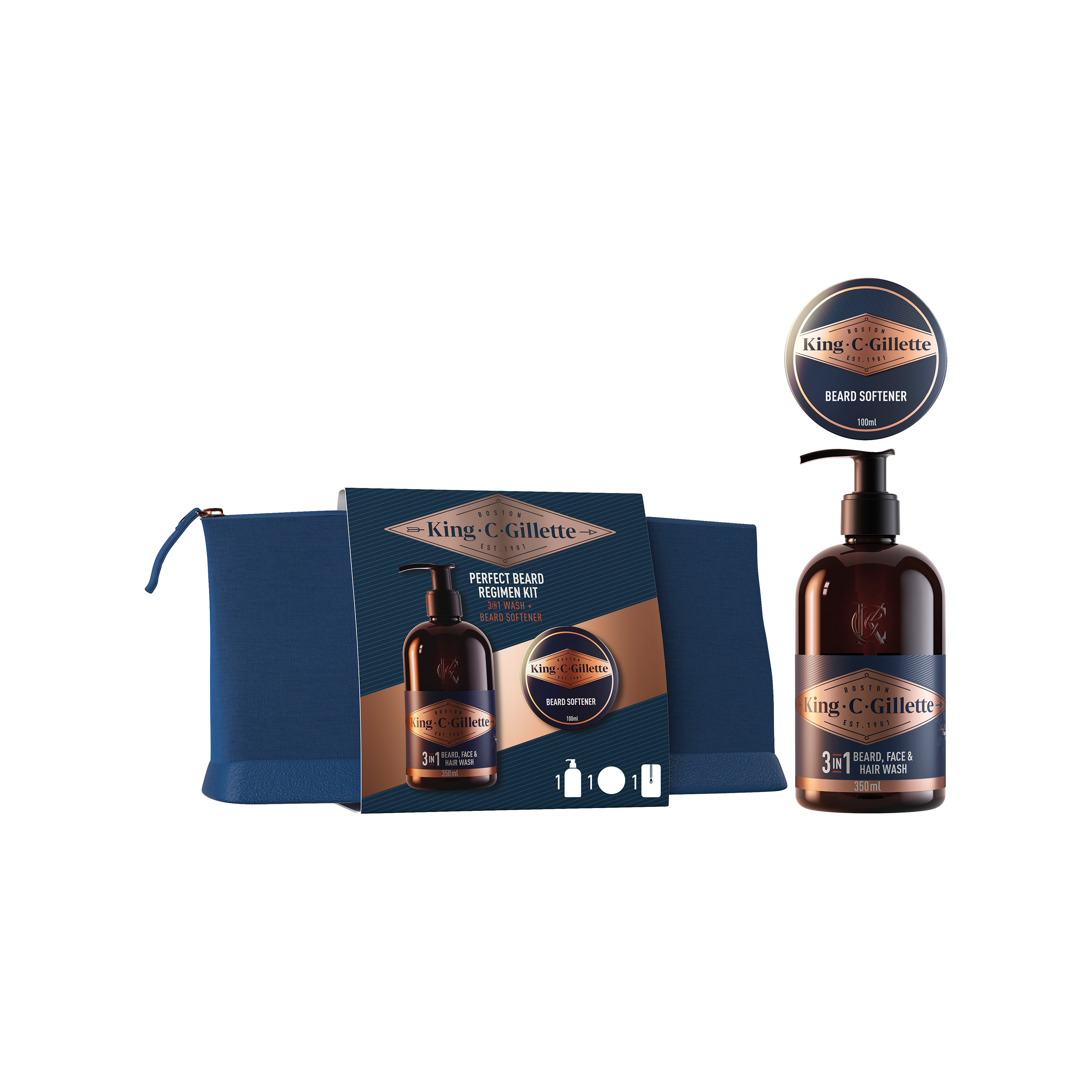 Gillette Gillette King C. darčeková sada s cestovnou taškou + 3v1 šampónom na vlasy, bradu a tvár 350 ml + zmäkčovač brady 100 ml