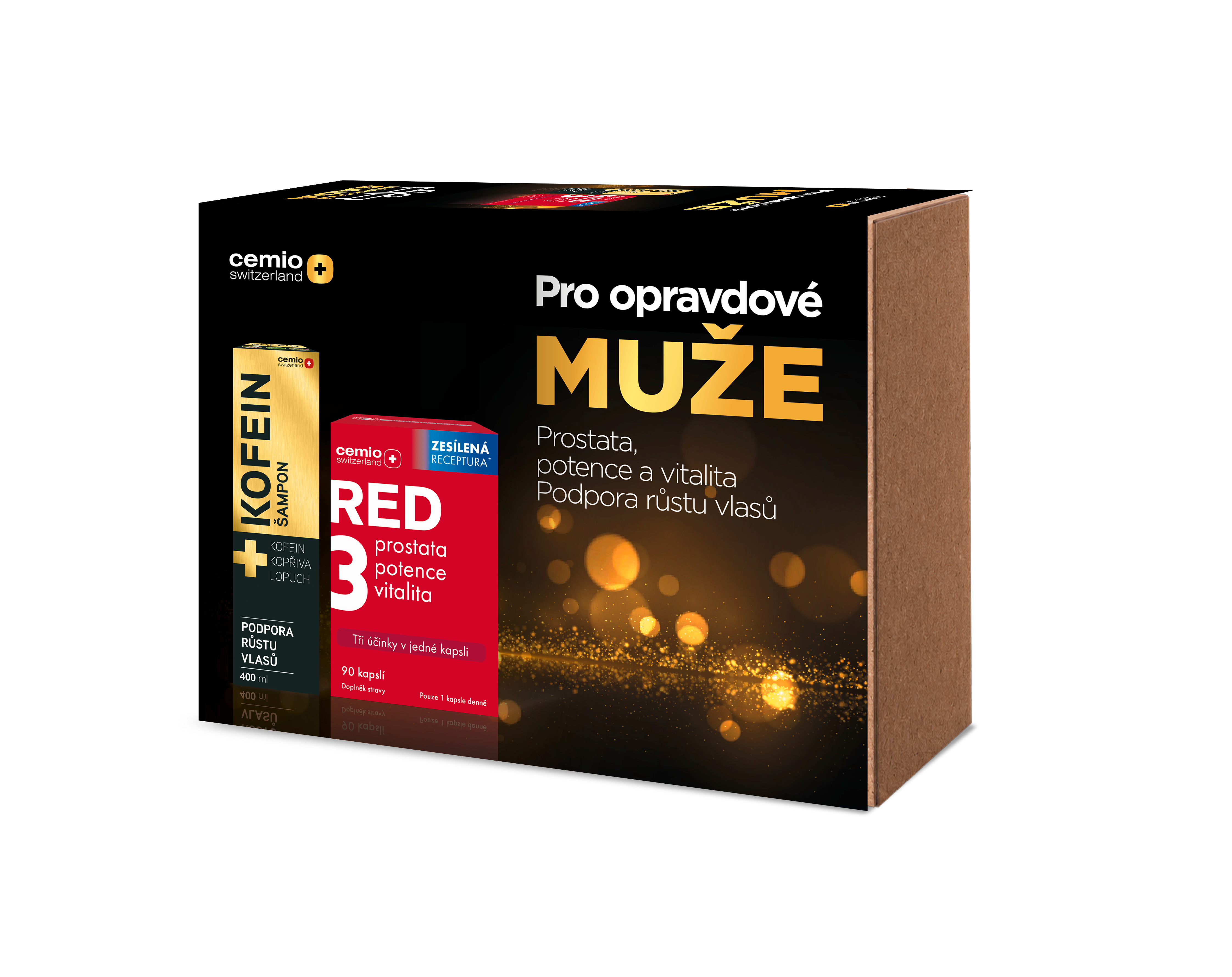 Cemio Cemio darčeková kazeta pre mužov - Cemio Red3, 90 kapsúl + Cemio Kofeín šampón 400 ml
