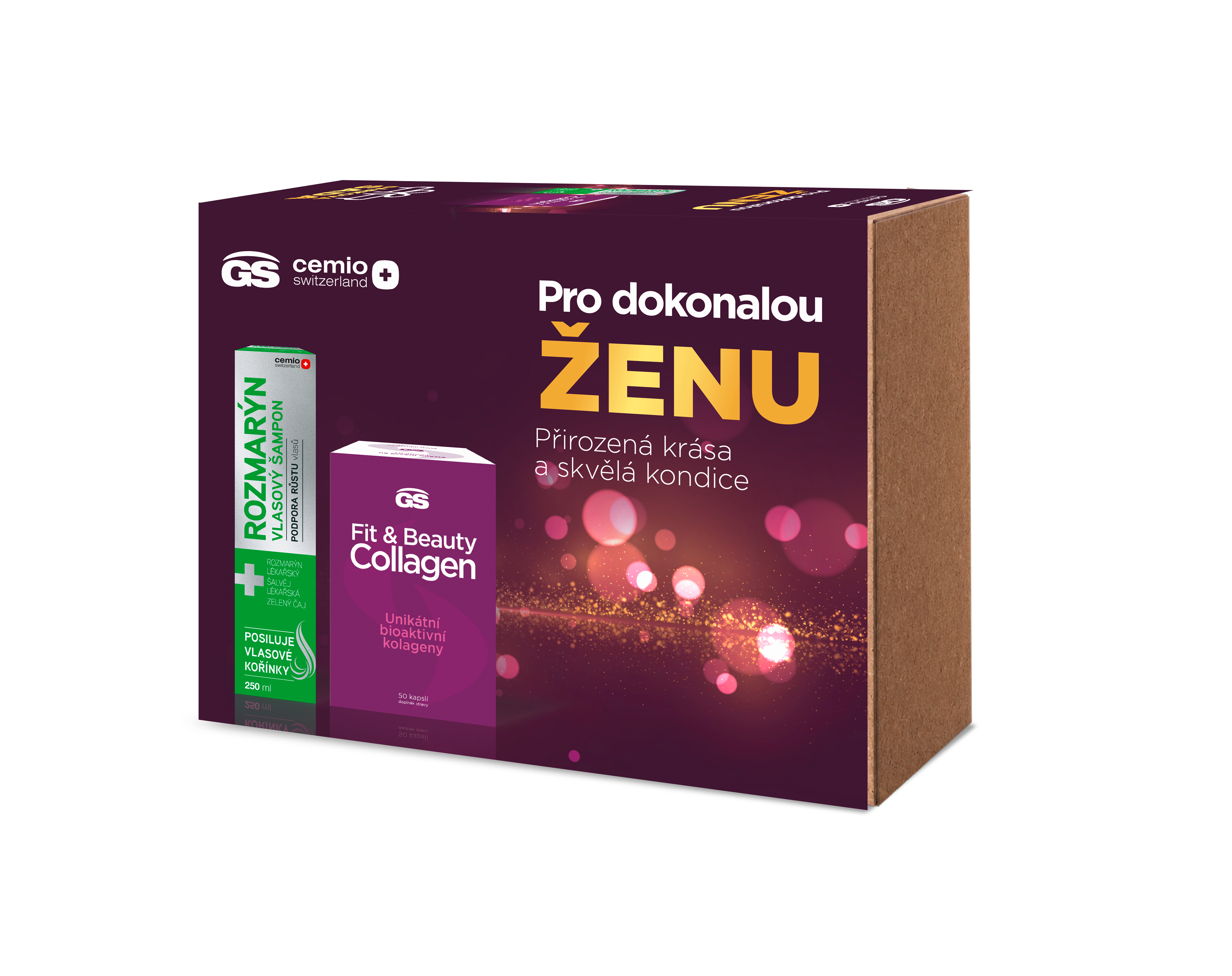 GS Cemio darčeková kazeta pre ženy - GS Fit & Beauty Collagen, 50 kapsúl + Rozmarín šampón 250 ml