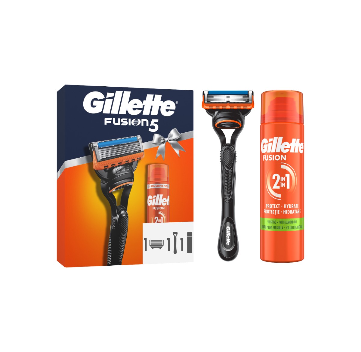 Gillette Gillette darčeková sada Fusion5: pánsky holiaci strojček s 5 čepeľami, 1 náhradná hlavica, gél na holenie